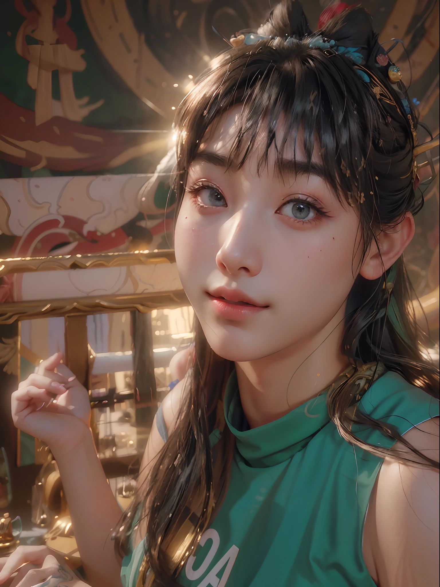 (RAW photo, best quality), (realistic, photo-realistic:1.3),best quality,highly detailed,masterpiece,ultra-detailed,illustration,1girl,upper_body,dynamic angle,world masterpiece theater,long_hair,best quality,extremely detailed CG unity 8k wallpaper,ink,Amazing,cinematic lighting,lens_flare, dunhuang_style