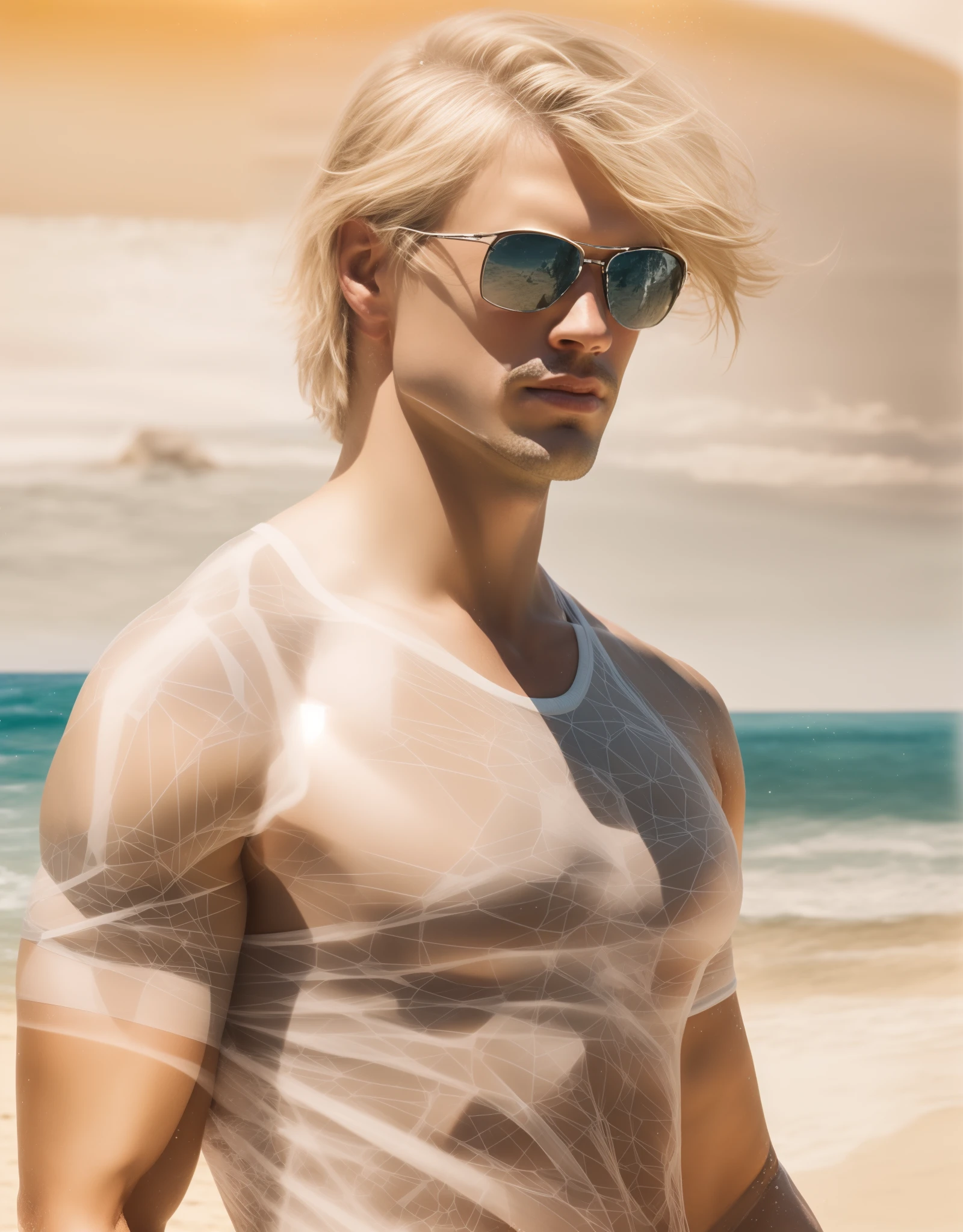 1 Sexy blonde handsome, in swimming trunks,  at a beach, suntan, Cocktail, sweaty, 30 thousand.........., Masterpiece, in detail, higly detailed, ultrarealism, Doubleexposure, cinematiclight