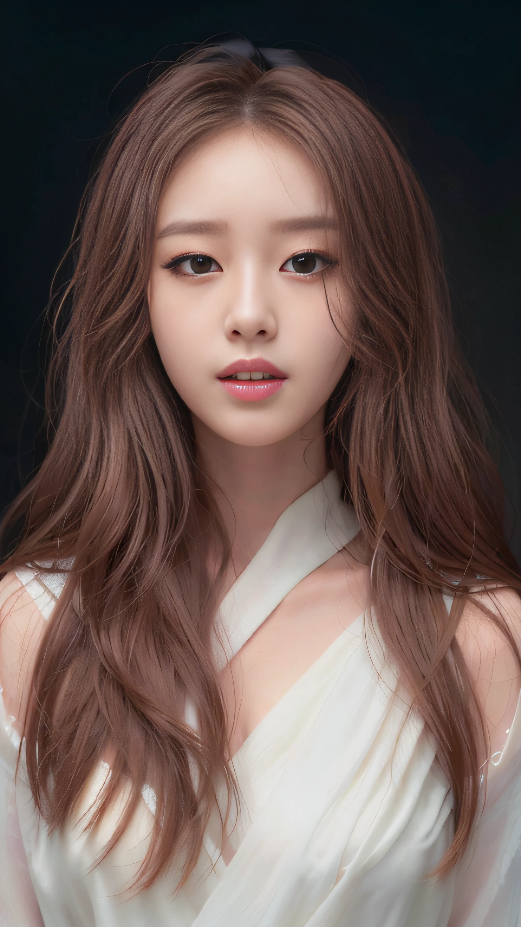 A woman with long hair and a white dress poses for a photo, Beautiful young Korean woman, beautiful Korean women, Korean girl, Gorgeous young Korean woman, portrait of female korean idol, beautiful delicate face, gorgeous face portrait, thin lustrous hair, Korean woman, young lovely Korean faces, Soft portrait shot 8 K, Popular Korean makeup, popular korean makeup