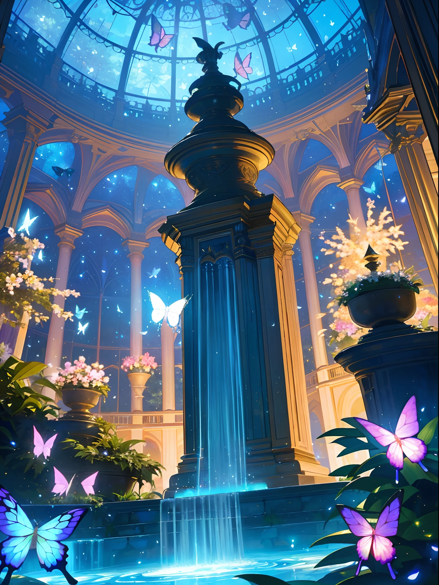 (top quality, masterpiece, ultra-realistic), night, starry skies, magical indoor botanical garden, dome, sparkling water fountain, lots of flowers, glowing butterflies, background landscape is a garden with petals and papas flying around. --v6