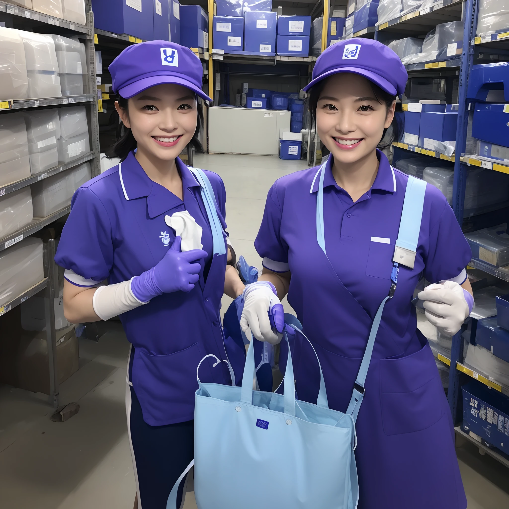 Japan female in her 30s,Wearing a blue workwear shirt,Wearing a blue cap hat,a smile,Showing you around the warehouse,Recruitment,piece sign、Enamel gloves、Purple enamel gloves、Purple enamel gloves、long rubber gloves in purple、Glossy purple gloves
