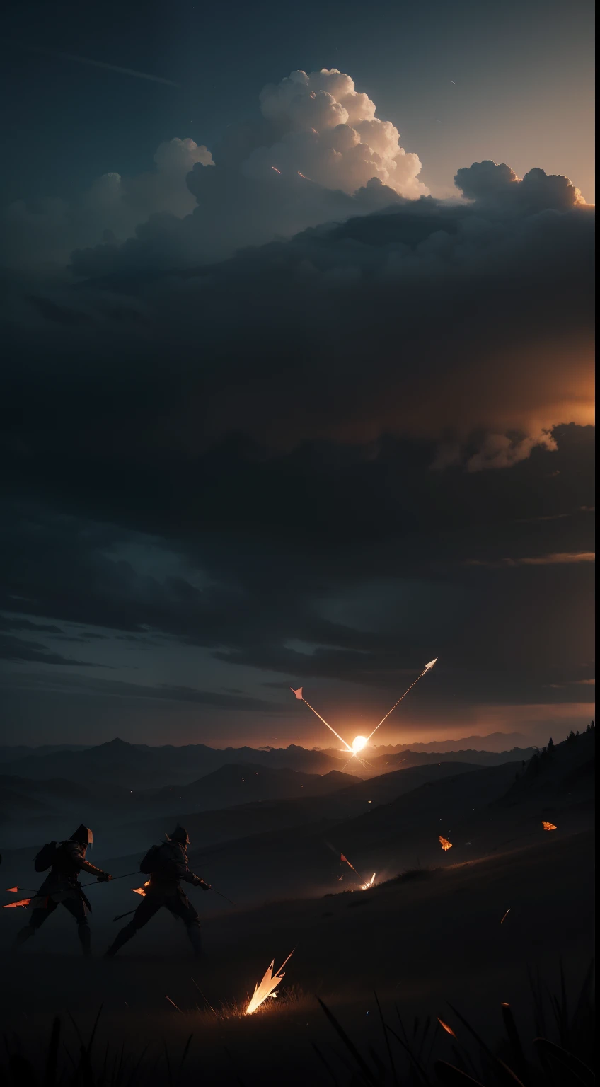 Generate an image portraying the vivid scene of arrows blotting out the sky during a battle, dark backgroud, epic, realistic, 8k