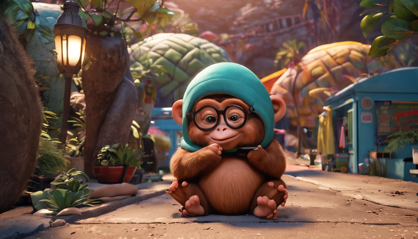 Create a logo depicting a chubby monkey wearing glasses. The logo should be in high-resolution colors. Make sure the monkey has a programmer's appearance and a plump posture.