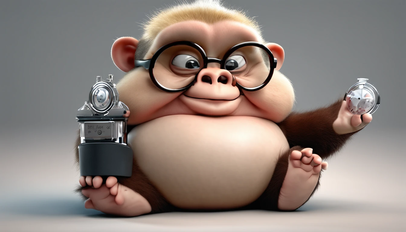 Create a logo depicting a chubby monkey wearing glasses. The logo should be in high-resolution colors. Make sure the monkey has a programmer's appearance and a plump posture.