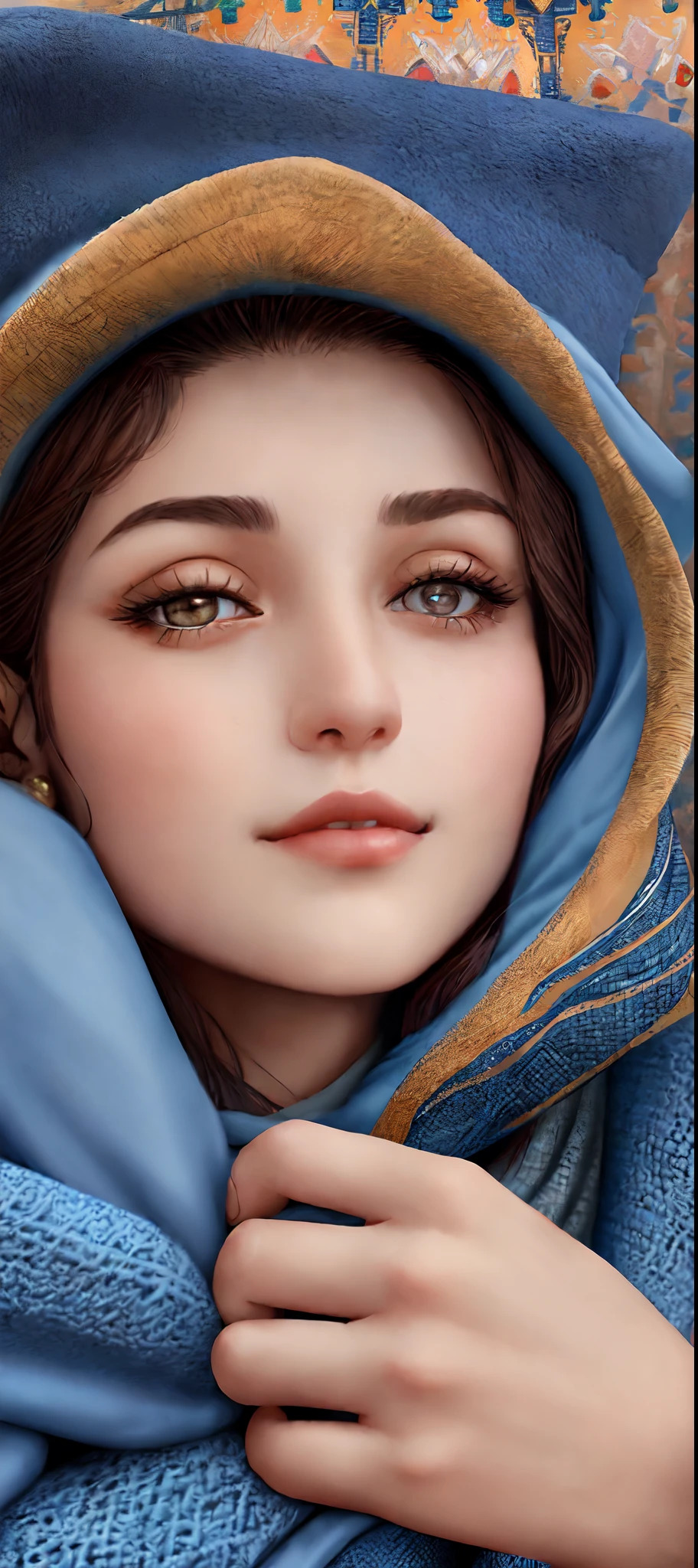 arafed woman in a blue blanket and hat with a brown hat, beautiful iranian woman, close up face,