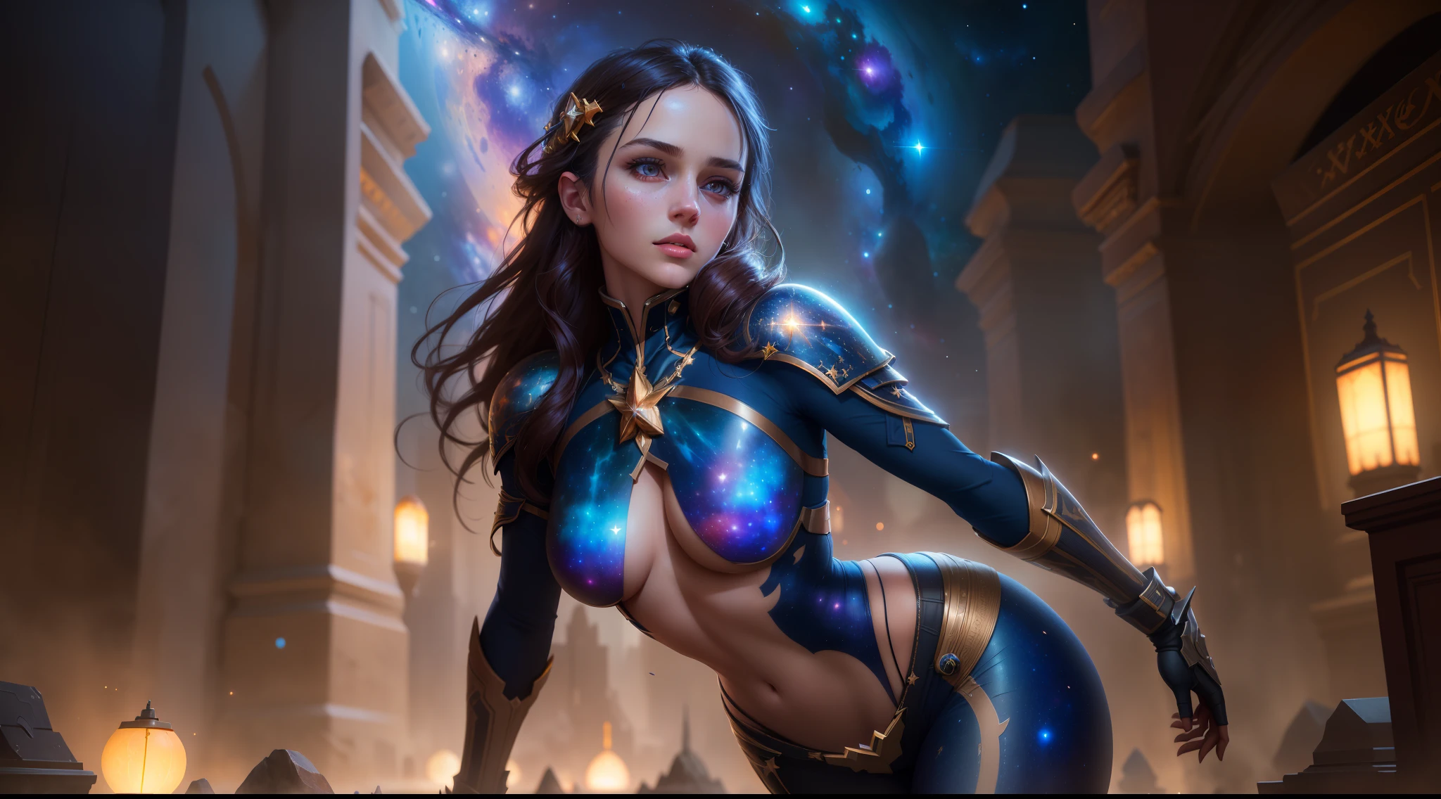 exceptionally detailed RAW color photo, Beautiful young girl, Dynamic Pose, (wide hips), (Detailed skin), (Detailed lips), (Detailed eyes), (cosmic:1.4), (necropolis:1.1), (Sci-Fi setting) (Detailed face), (Curve), Detailed eyes, chromatic abberation, depth of fields, Soft lighting, masutepiece, Best Quality, Convoluted, (Lens Flare:0.7), (bloom:0.7), particles effect, Ray traching, tone mapped, Highly detailed, Concept art, Smooth, Sharp Focus, Dramatic Lighting, Highly detailed artwork, Cinematic, painting hyper realistic, Trending on ArtStation, 8K, Incredible shadows, Realistic, (Highly detailed background:1.2), Art by Midjourney