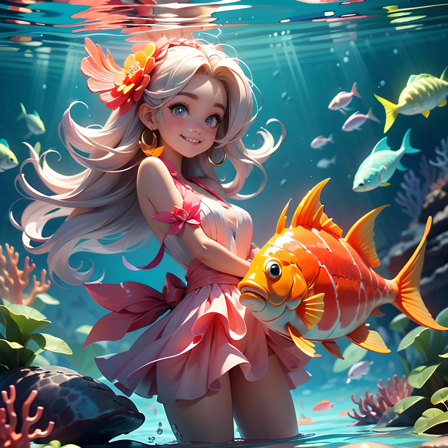 Haenyeo holding a large red fish，（Cute big carp，Long whiskers）absurderes, A high resolution, (Anime style:1.1),((masutepiece)), ((Best quality)), (Ultra-detailed), (Beautiful),((Smiling kawaii girl)、Top image quality、tmasterpiece、（(ocean floor、Marine life、Beautiful coral reef、Colorful coral reefs，A large fish with red gold in its arms)）,Messy painting style，Hair flows in water、full bodyesbian、1 rapariga、独奏、Cute  Turtle、50mm portrait、Delicate facial features、Half realistic、foco nítido、Crystal clear white skin、float in the water，(gently smiling)、Pink delicate eyes、(Bare legged)