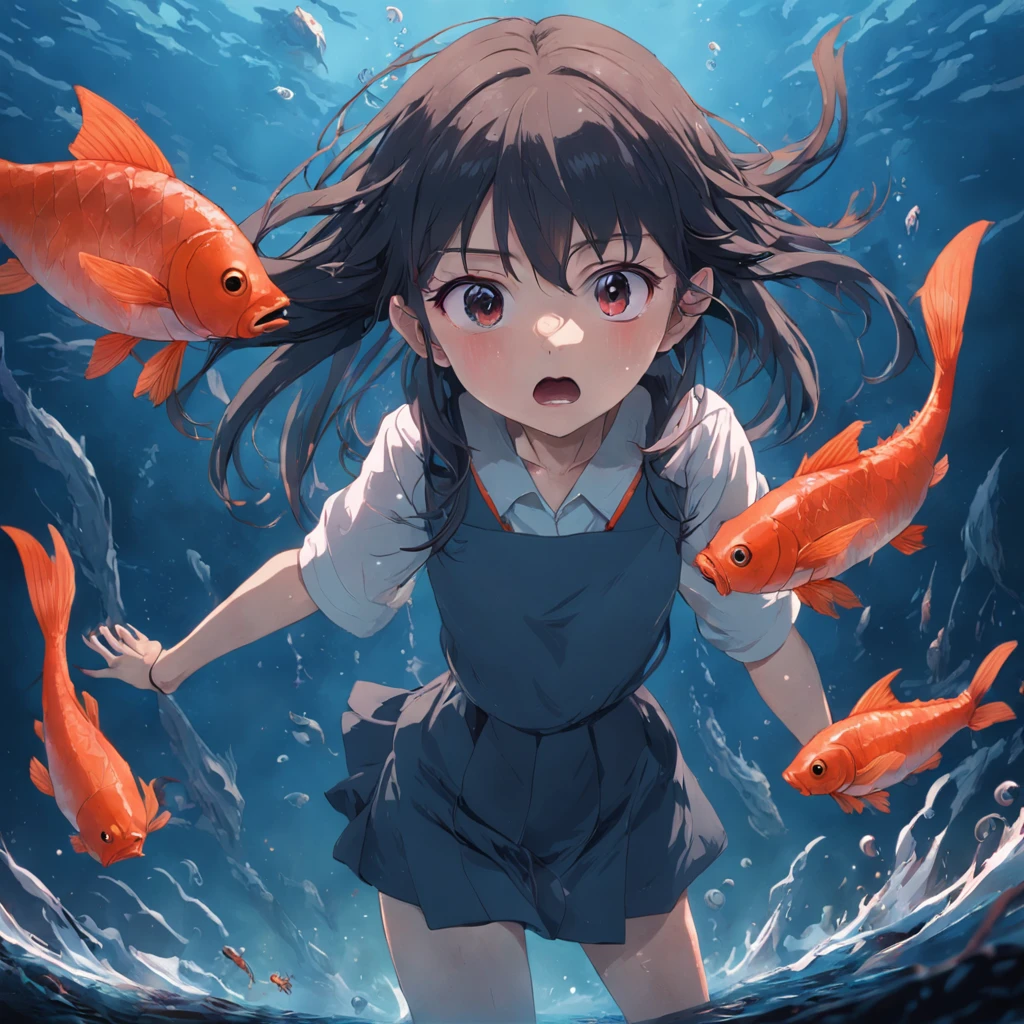 tmasterpiece，best qualtiy，cinematic Film still from，1girl, Look out at the polluted sea，Fish jump out of the sea，Deformed fish，Fish have two heads，Lots of eyes，Fish grow human feet，Scary atmosphere，dimly lit