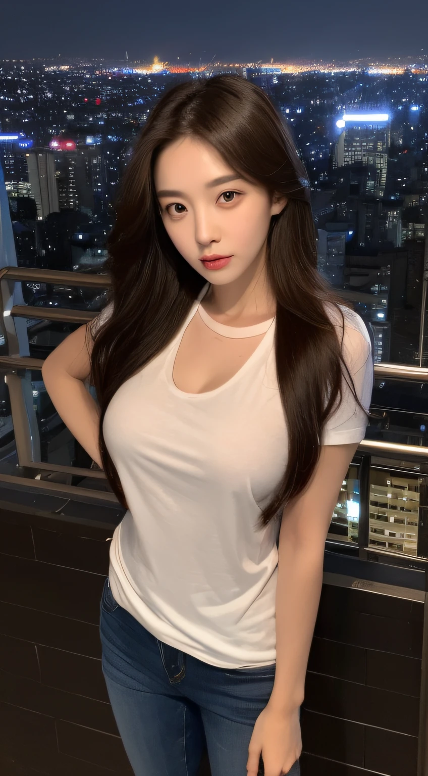 ((Midnight, Best quality, 8k, Masterpiece :1.3)), Whole body, Long legs, Sharp focus :1.2, A pretty woman with perfect figure :1.4, Slender abs :1.1, ((Dark brown hair, Big breasts :1.2)), (White tight tshirt, Jean bib, Standing:1.2), ((Night city view, Rooftop:1.3)), Highly detailed face and skin texture, Detailed eyes, Double eyelid