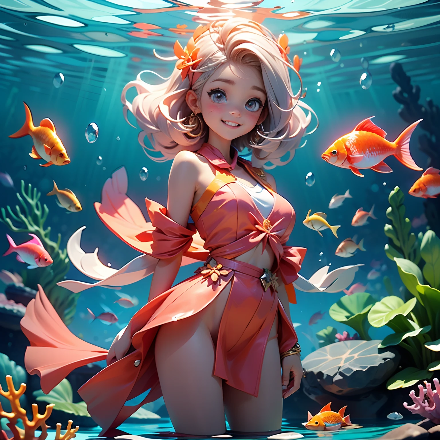 Haenyeo holding a large red fish,(Cute big carp,Long whiskers)absurderes, A high resolution, (Anime style:1.1),((masutepiece)), ((Best quality)), (Ultra-detailed), (Beautiful),((Smiling kawaii girl)、Top image quality、tmasterpiece、((ocean floor、Marine life、Beautiful coral reef、Colorful coral reefs,A large fish with red gold in its arms)),Messy painting style,Hair flows in water、full bodyesbian、1 rapariga、独奏、Cute Baby Turtle、50mm portrait、Delicate facial features、Half realistic、foco nítido、Crystal clear white skin、float in the water,(gently smiling)、Pink delicate eyes、(Bare legged)