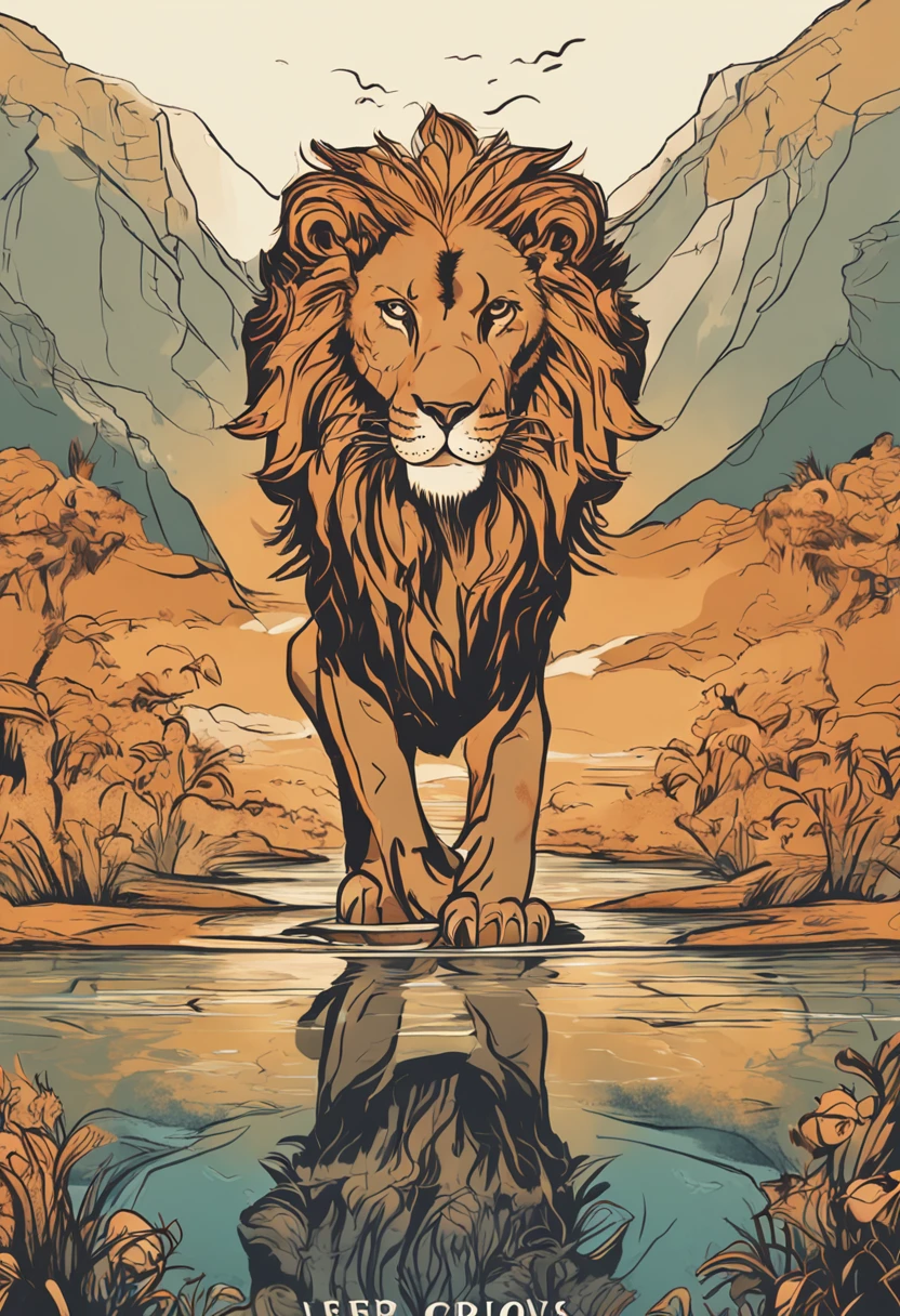 Image, depicting a lion Leo in a leadership position, surrounded by your pack. They are gathered around Leo, who raises his paw and points to the distant horizon, where the image of a promising oasis is reflected in the water of the lake. The landscape shows a golden sunset and warm colors, Conveying a sense of hope and determination. Leo speaks confidently, He shared his vision of finding an unused source of water, who will be able to support all the inhabitants of the savannah. Other lions look at him with an expression of interest and motivation, We are ready to follow your example on this challenging journey.