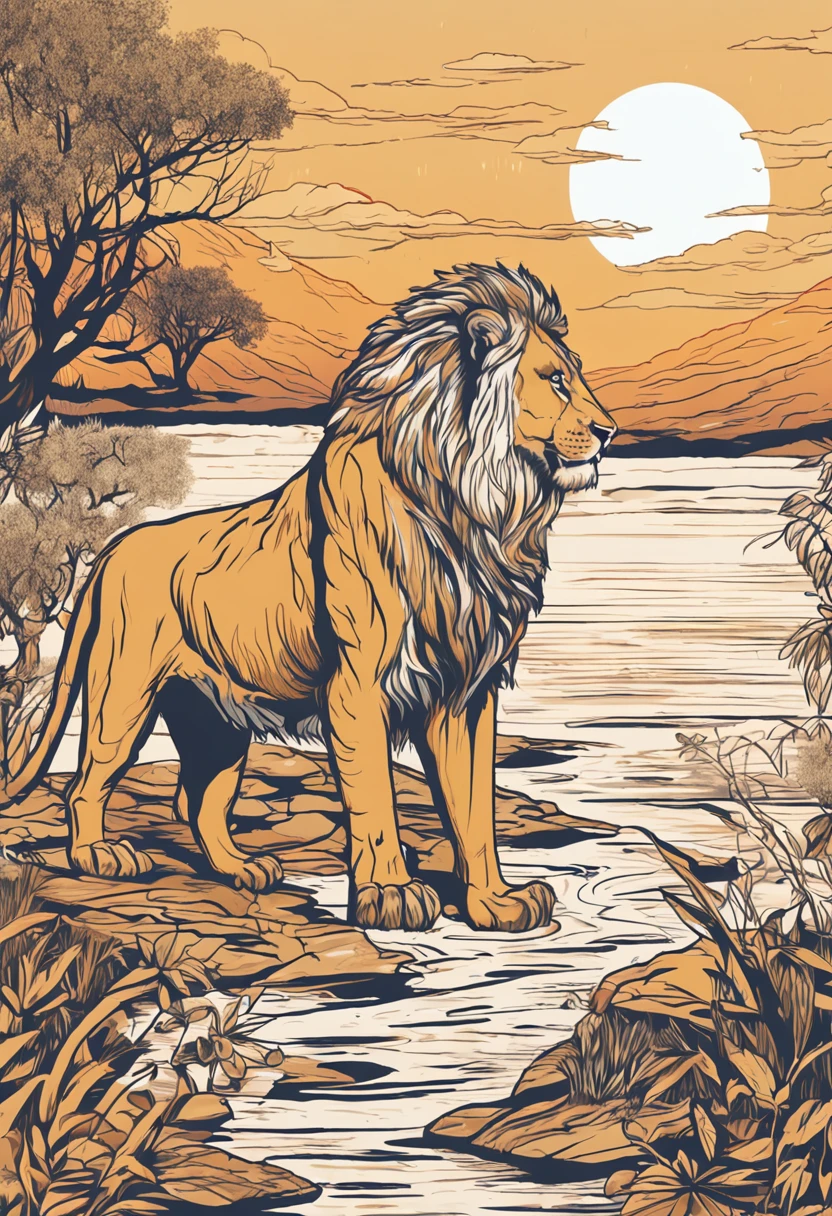 Image, depicting a lion Leo in a leadership position, surrounded by your pack. They are gathered around Leo, who raises his paw and points to the distant horizon, where the image of a promising oasis is reflected in the water of the lake. The landscape shows a golden sunset and warm colors, Conveying a sense of hope and determination. Leo speaks confidently, He shared his vision of finding an unused source of water, who will be able to support all the inhabitants of the savannah. Other lions look at him with an expression of interest and motivation, We are ready to follow your example on this challenging journey.