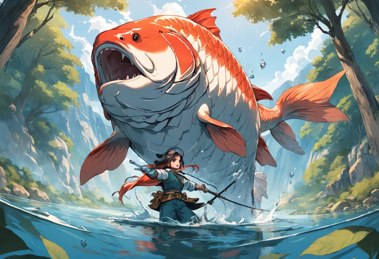 An illustration of an adventurer riding a giant carp on the surface of the water. The stage of the illustration is a vast lake. The water of the lake is crystal clear. A giant carp floats in the middle of the lake. An adventurer is riding on the carp's back. The adventurer is manipulating the carp with a brave expression. Additionally, you can add the following elements: Adventurers carry weapons such as swords and bows. Carp have golden scales. The koi jumps and makes sharp turns out of the water to carry the adventurer. BREAK, Adventurers are looking for hidden treasures on an island. I heard that the treasure is hidden on an island in the middle of the lake. An adventurer decides to ride a giant carp across the lake. With the help of the carp, the adventurers arrived at Treasure Island. In this scene, the adventurers are trying to overcome difficulties and achieve their goals with the help of a giant carp. Koi also responds to and empowers the adventurer's courage and determination.