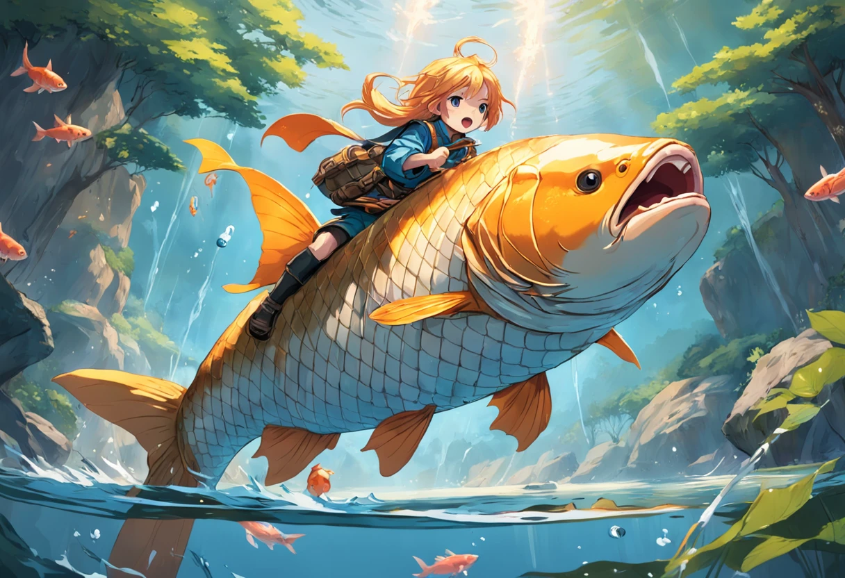 An illustration of an adventurer riding a giant carp on the surface of the water. The stage of the illustration is a vast lake. The water of the lake is crystal clear. A giant carp floats in the middle of the lake. An adventurer is riding on the carp's back. The adventurer is manipulating the carp with a brave expression. Additionally, you can add the following elements: Adventurers carry weapons such as swords and bows. Carp have golden scales. The koi jumps and makes sharp turns out of the water to carry the adventurer. BREAK, Adventurers are looking for hidden treasures on an island. I heard that the treasure is hidden on an island in the middle of the lake. An adventurer decides to ride a giant carp across the lake. With the help of the carp, the adventurers arrived at Treasure Island. In this scene, the adventurers are trying to overcome difficulties and achieve their goals with the help of a giant carp. Koi also responds to and empowers the adventurer's courage and determination.