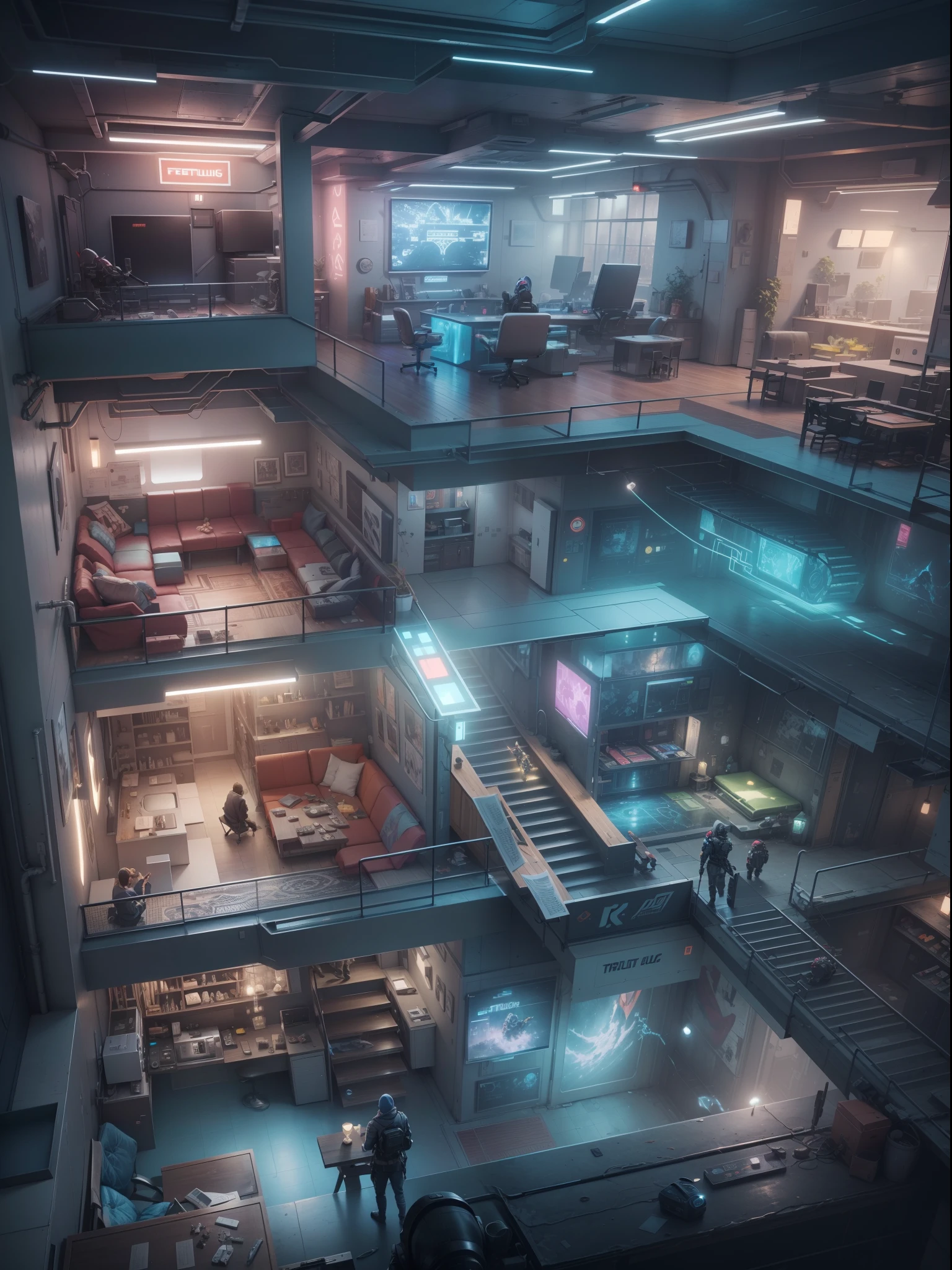 "Thrilling gaming environment with futuristic blueprints"