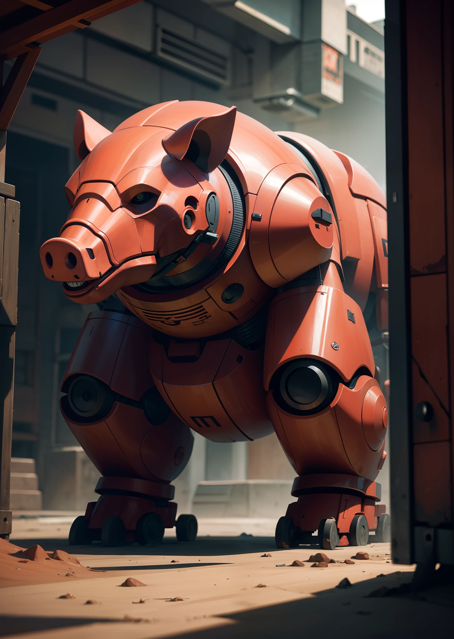 Highest definition,The red robot has a pig's head,Sci-fi style,The background is a T-Rex
