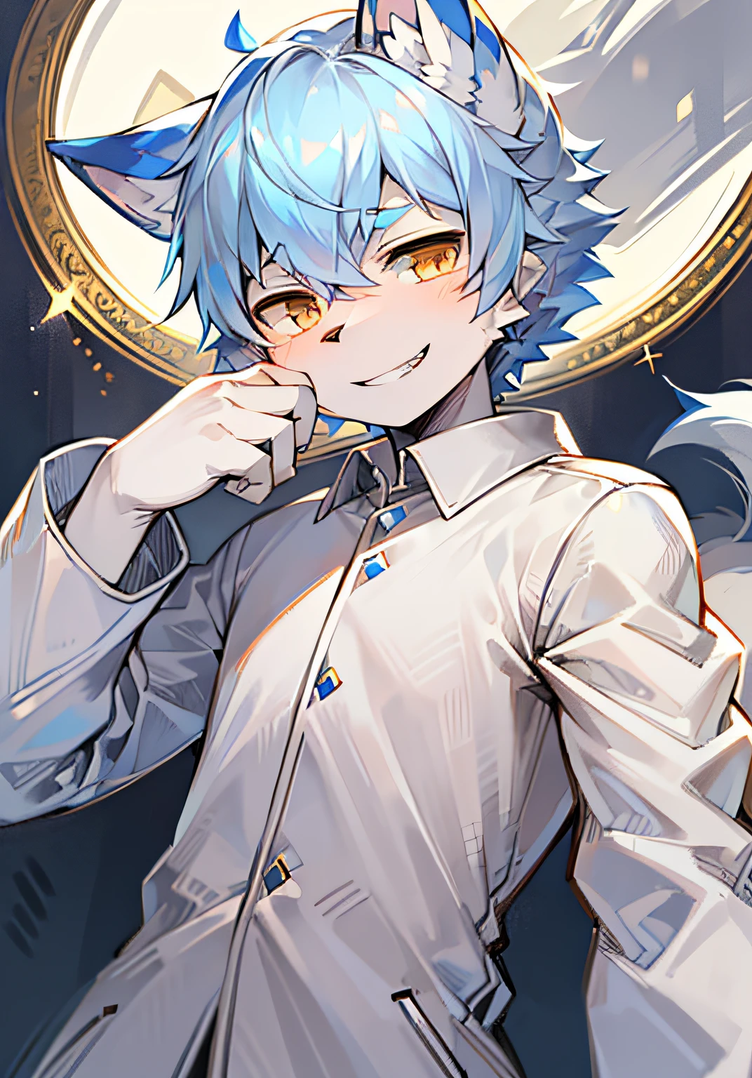 Little Wolf, Light blue hair, Brown eyes, largeeyes, eyes with brightness, Wolf ears, Libido boy, No spots, ssmile, Handsome, White coat, human - shaped, ssmile, tmasterpiece, high high quality, White hairs on the mouth and abdomen, glowing eyes, animal ears, wolf ears, grin, masterpiece