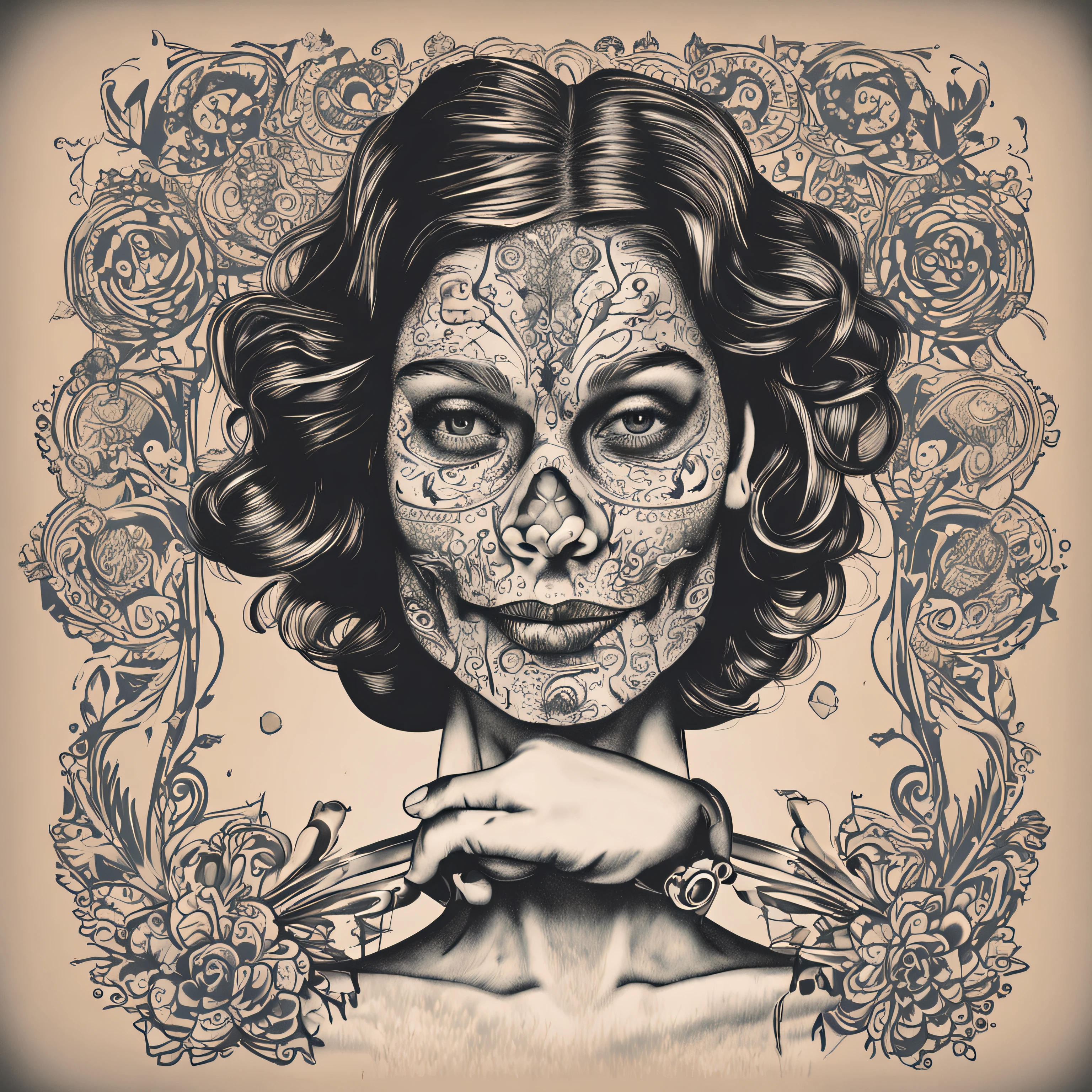 mitad esqueleto,mitad humano, cuerpo tatuado,sonrisas brillantes,ojoz grises,estilo warhol