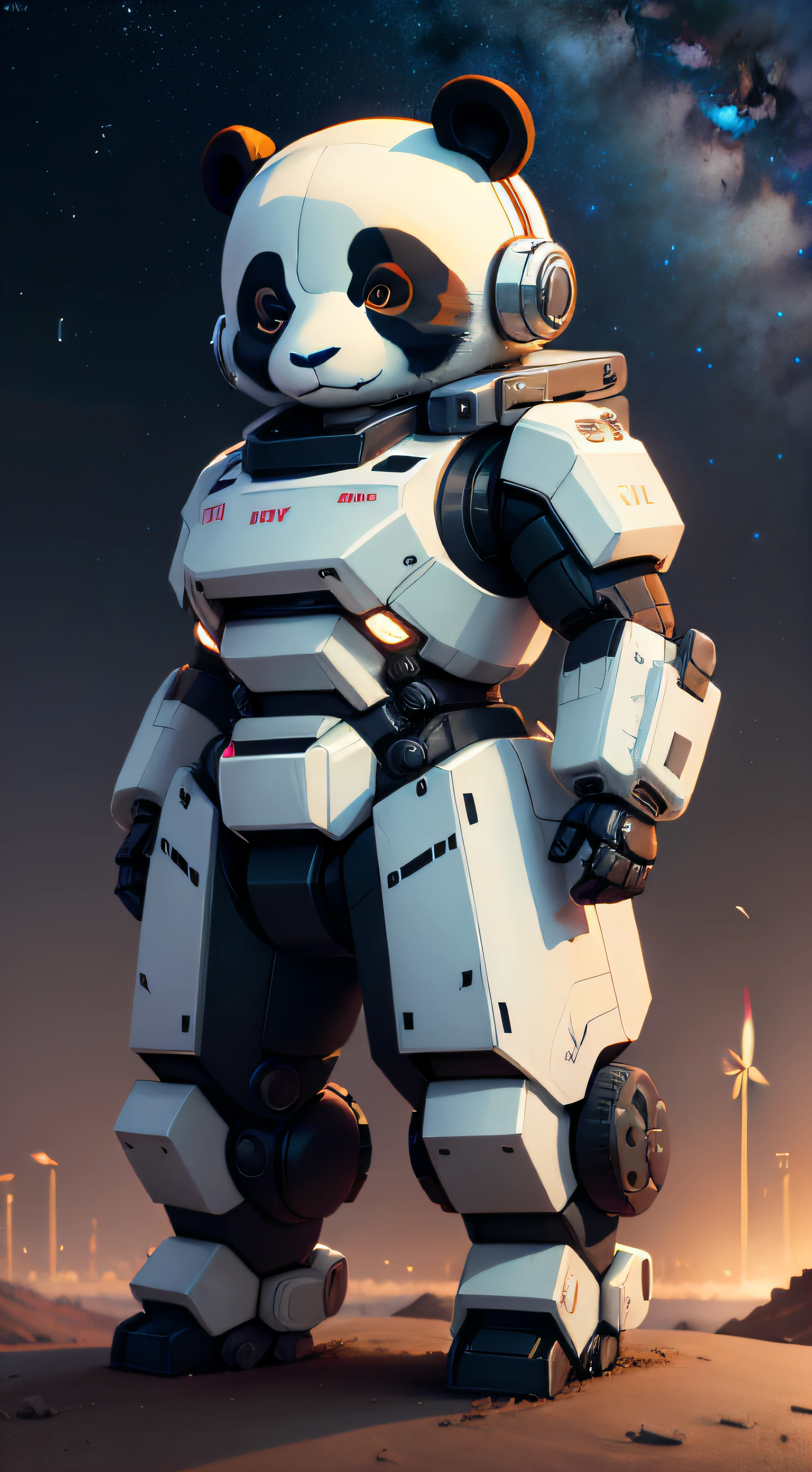 pandas,Dressed all over mech,Stand under the stars,Machine armour wind,Animated style,adolable,