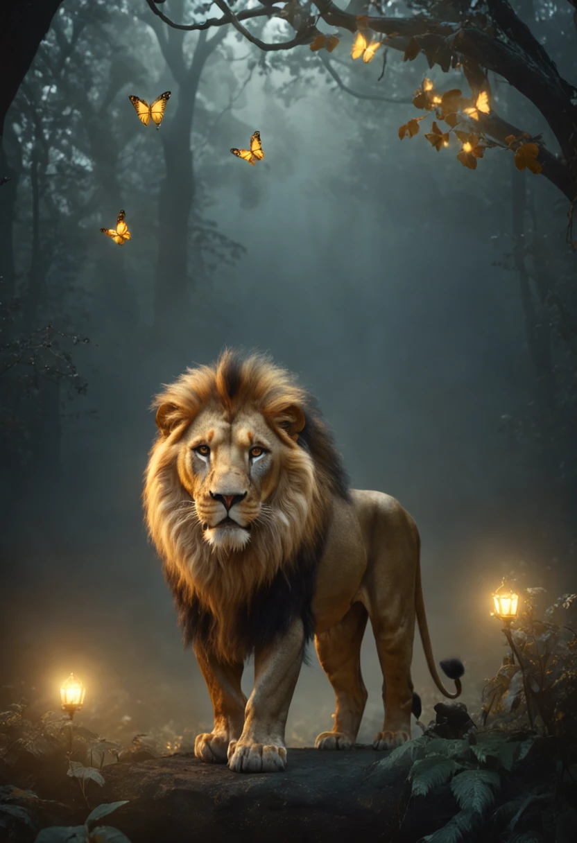 "((Masterpiece)) Leo in ((Foggy)) ,((Magical Dark Forest :1.2))in the late twilight, with ((Strong dark shadows, Recommended for the scene:1.2)), Glowing Magic Lion,golden glowing flowers ,((Glowing butterfly )), Beautiful magical style, Golden reflection of water,fierce, Concept art, Digital Painting."