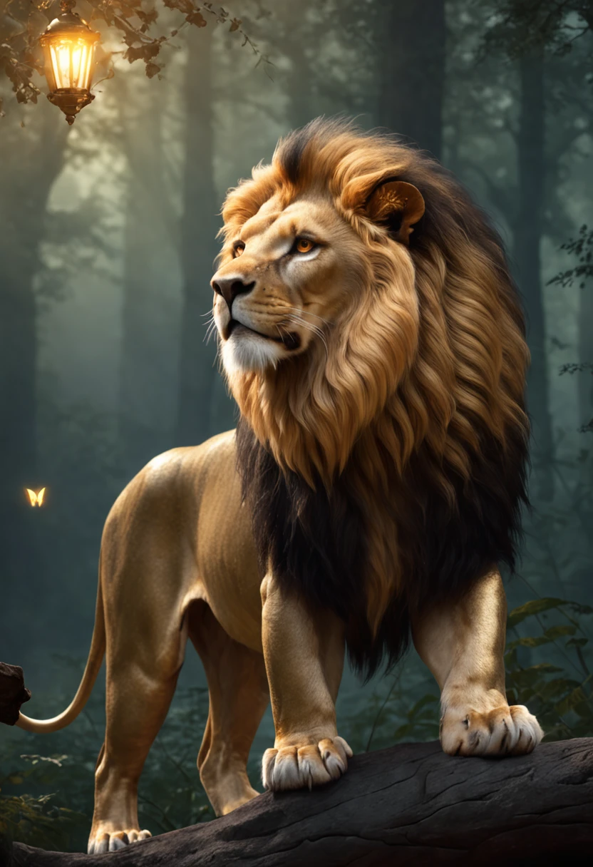 "((Masterpiece)) Leo in ((Foggy)) ,((Magical Dark Forest :1.2))in the late twilight, with ((Strong dark shadows, Recommended for the scene:1.2)), Glowing Magic Lion,golden glowing flowers ,((Glowing butterfly )), Beautiful magical style, Golden reflection of water,fierce, Concept art, Digital Painting."