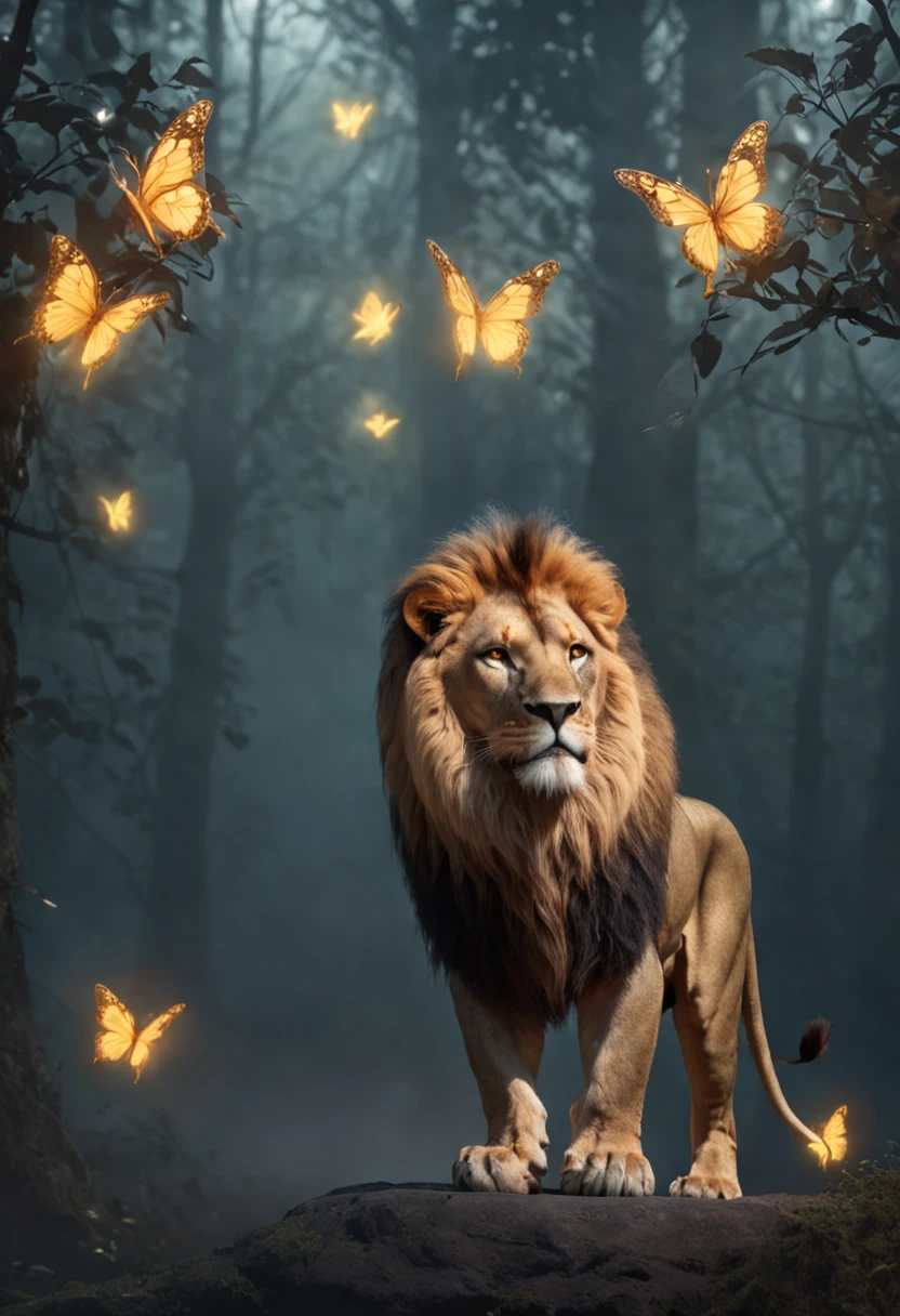 "((Masterpiece)) Leo in ((Foggy)) ,((Magical Dark Forest :1.2))in the late twilight, with ((Strong dark shadows, Recommended for the scene:1.2)), Glowing Magic Lion,golden glowing flowers ,((Glowing butterfly )), Beautiful magical style, Golden reflection of water,fierce, Concept art, Digital Painting."