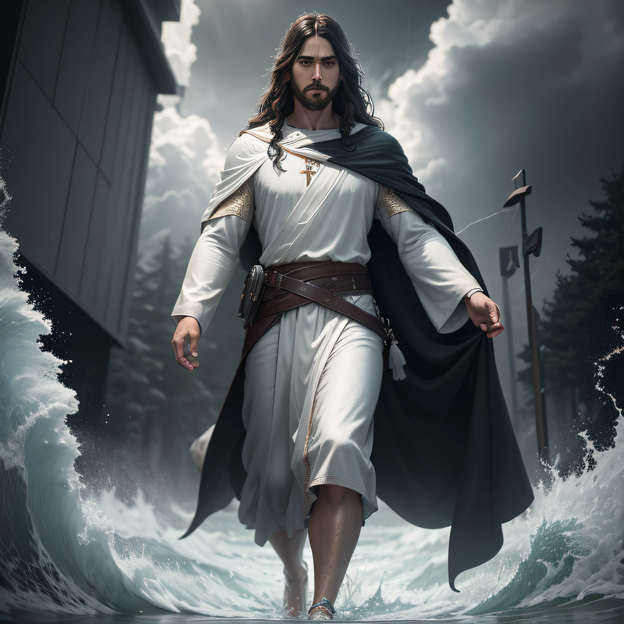 jesus walking on water in a storm, masterpiece, best quality, high quality, extremely detailed CG unit 8k wallpaper, award winning photography, Bokeh, Depth of Field, HDR, bloom, Chromatic aberration, photorealistic, extremely detailed, trending on artstation, trending on CGsociety, intricate, high detail, dramatic, mid-journey art, volumetric lighting