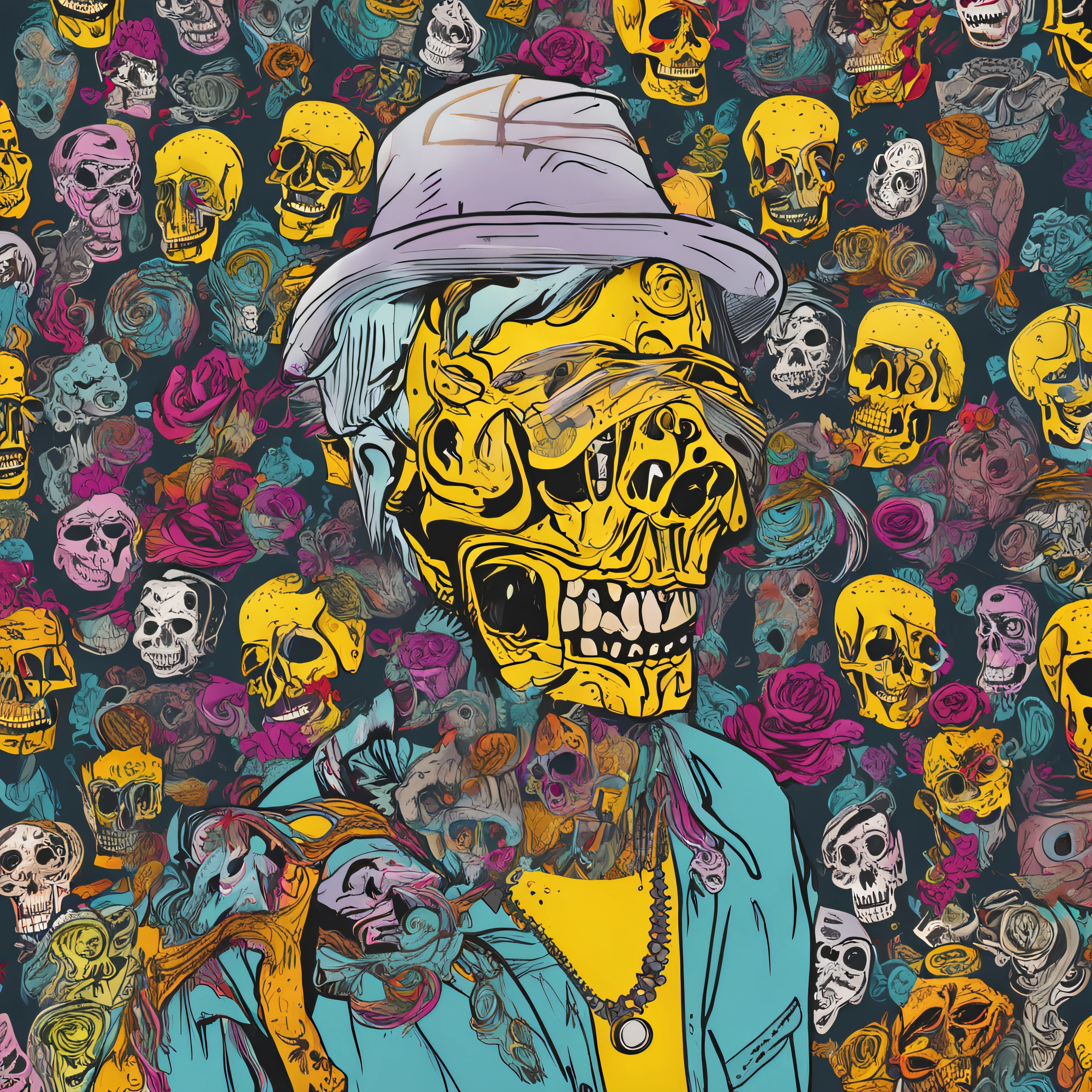 mitad esqueleto,mitad humano, cuerpo tatuado,sonrisas brillantes,ojoz grises,estilo warhol