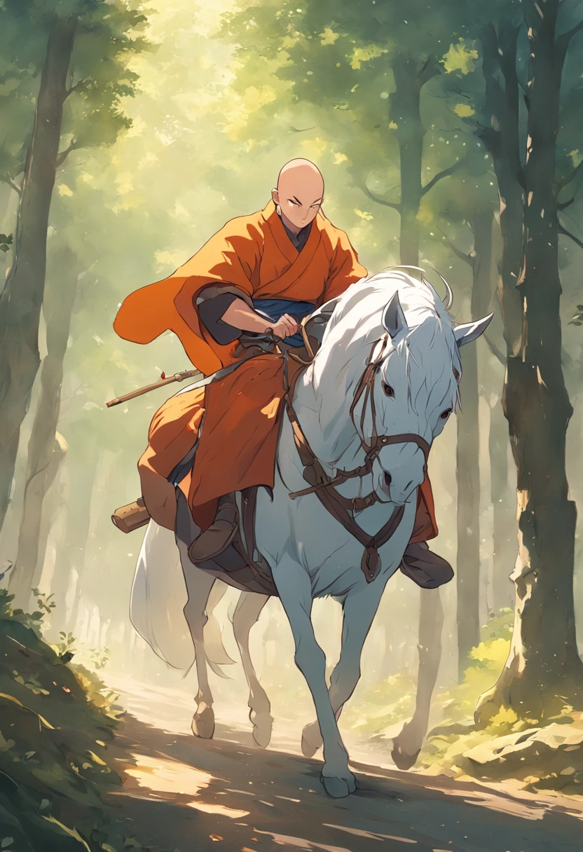 A monk,bald-headed,Wearing monk robe,Bring your luggage,Riding a white horse,at a forest,Snes painting