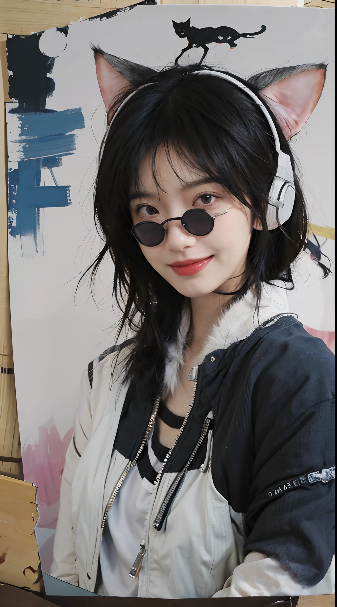 Perfect centering, a cute little cat, Wear a student team jacket, Wearing sunglasses, Wearing headphones, Big smile, Standing position, Abstract beauty, Centered, Looking at the camera, Facing the camera, nearing perfection, Dynamic, Moonlight, Highly detailed, Digital painting, art stations, concept-art, smooth, Sharp focus, 8K, high definition resolution, illustration, Art by Carne Griffiths and Wadim Kashin, White background