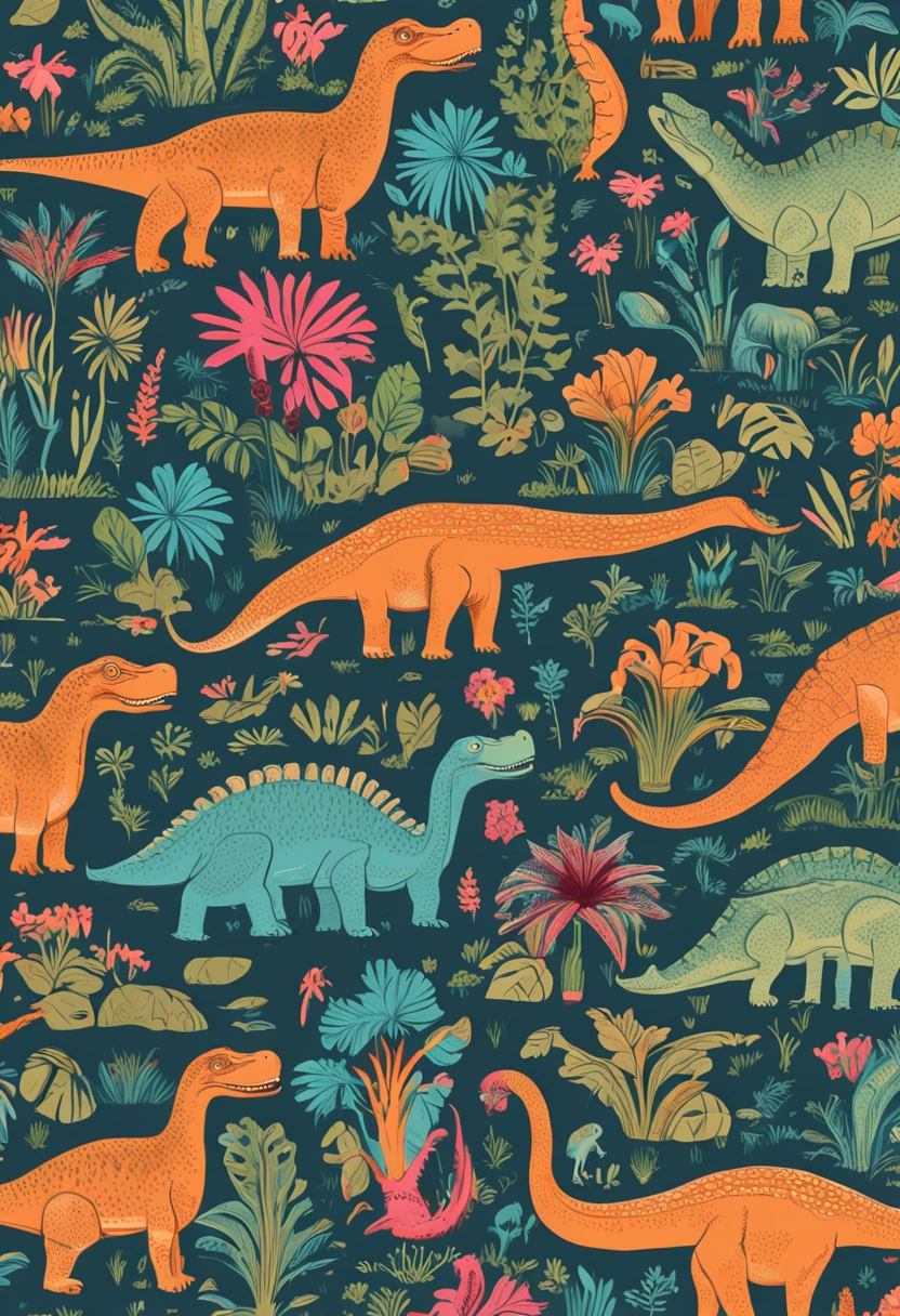 Close up of dinosaur and plant motifs, plants allover, flora and fauna, dinosaurs, paisley, Jane Nuland, Bright fauna, “a dinosaur market, filled with fauna, the wallpaper!, Background with, pre - historic, illustrated in whimsical style, dinosaur, at the time of dinosaurs, magical garden plant creatures, stylized illustration, inspired by Abidin Dino
