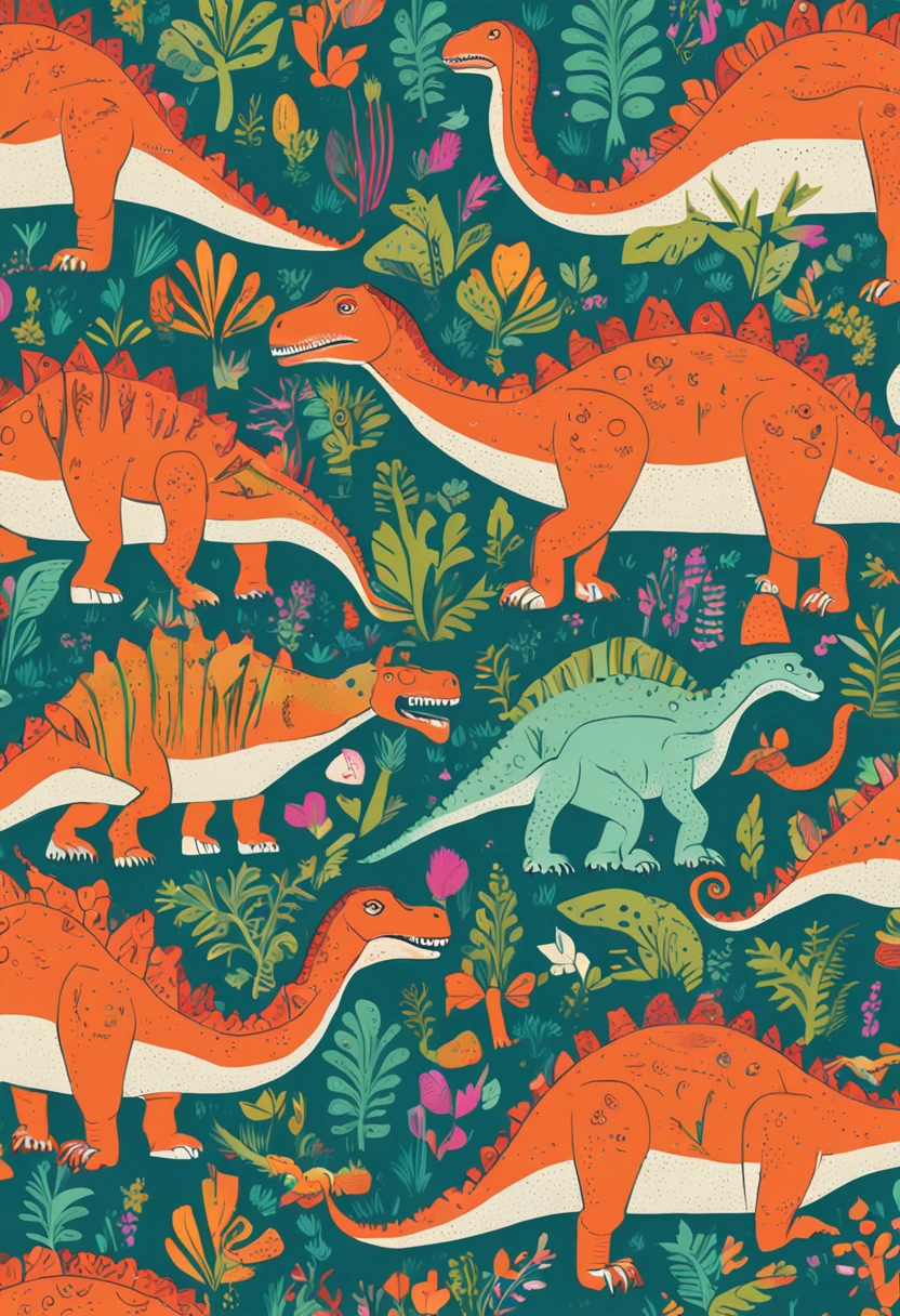 Close up of dinosaur and plant motifs, plants allover, flora and fauna, dinosaurs, paisley, Jane Nuland, Bright fauna, “a dinosaur market, filled with fauna, the wallpaper!, Background with, pre - historic, illustrated in whimsical style, dinosaur, at the time of dinosaurs, magical garden plant creatures, stylized illustration, inspired by Abidin Dino