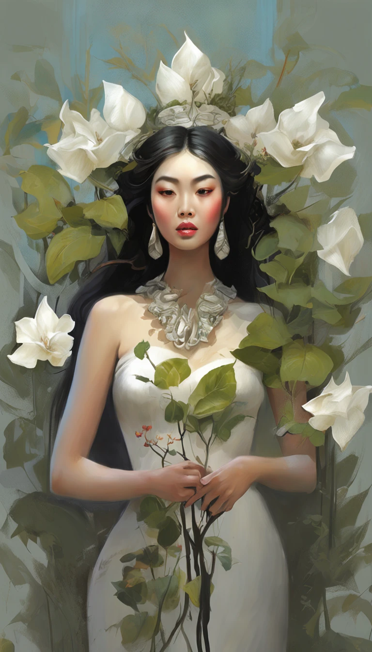 White face and white head，Asian women have leaves,holding a mic，Singing， beautiful fantasy portrait, beautiful fantasy art portrait, Beautiful surreal portrait, fantasy portrait, fantasy art portrait, detailed matte fantasy portrait, portrait of a dark fantasy nymph, Asian goddess, Beautiful digital artwork, gorgeous digital art,Background dream black surreal beautiful young woman, Fantasy art Behance，Cinematic light and shadow，k hd