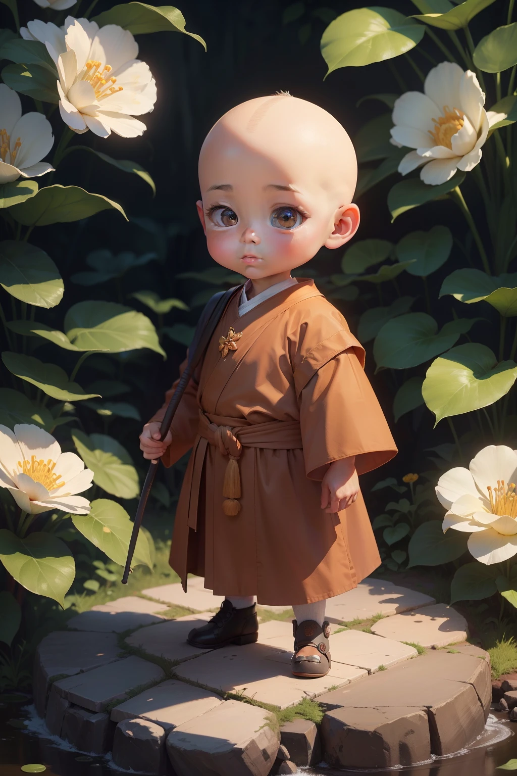 Best quality at best,8k wallpaper,A handsome little monk,(little monks:1.2),bald-headed,(The is facing the screen:1.25),largeeyes,frontage,Surrounded by beautiful flowers and nature。The illustration is a high-definition illustration in 4K resolution
