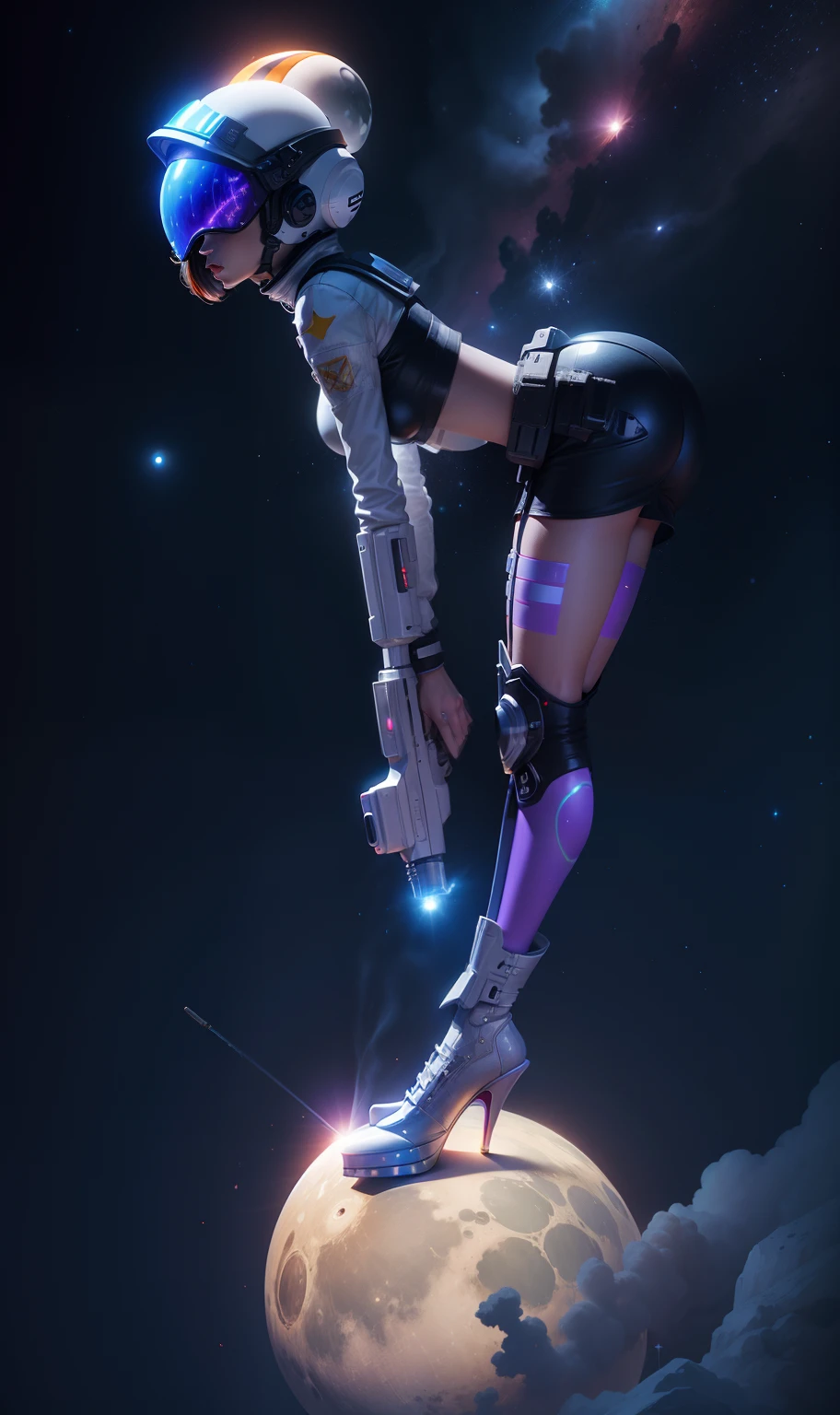 space scene girl laser gun standing on her tip toes in heals, helmet on clear visor, smoking a lit cigarette, dystopian moon planet cg art painting