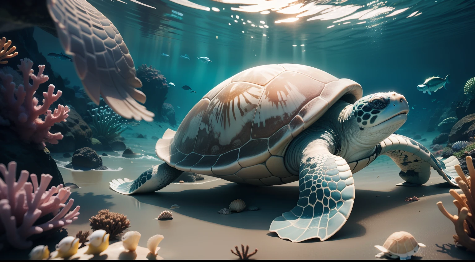 high qulity，photore，photorealestic，Clear details，Close-up of sea turtles，The shell of the turtle is covered with barnacles，Sea turtles swimming in the sea，3d render