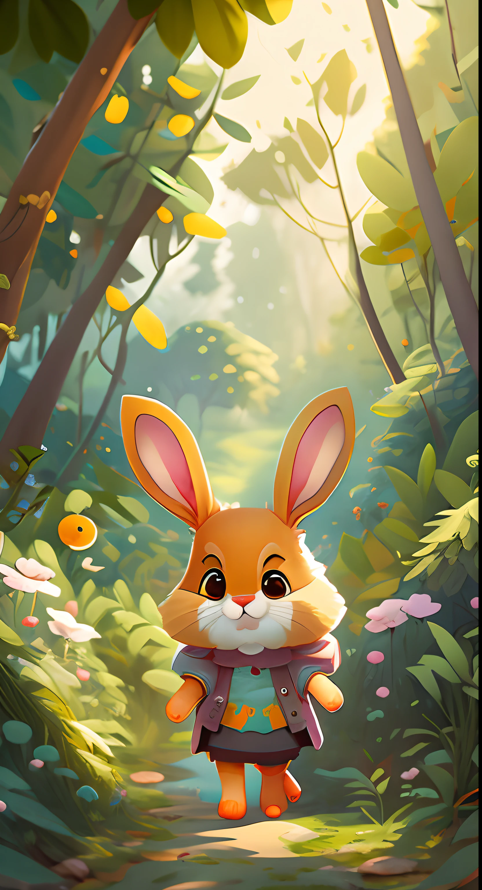 Cartoon bunny walking through sunny forest, Cute detailed digital art, Cute digital 2D painting, cute forest creature, edgBunny_Character, childrens art in artstation, cute anthropomorphic bunny, author:Ryan Yee, adorable digital art, cute character, furry character portrait, Mobile game art, portrait of a small, “portrait of a cartoon animal