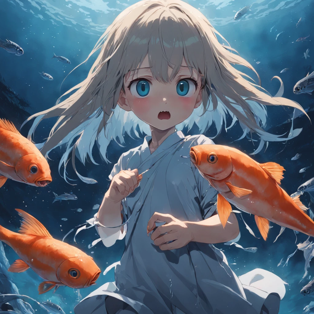 tmasterpiece，best qualtiy，cinematic Film still from，1 fluffy rabbit, Look out at the polluted sea，Fish jump out of the sea，Deformed fish，Fish have two heads，Lots of eyes，Fish grow human feet，Scary atmosphere，dimly lit
