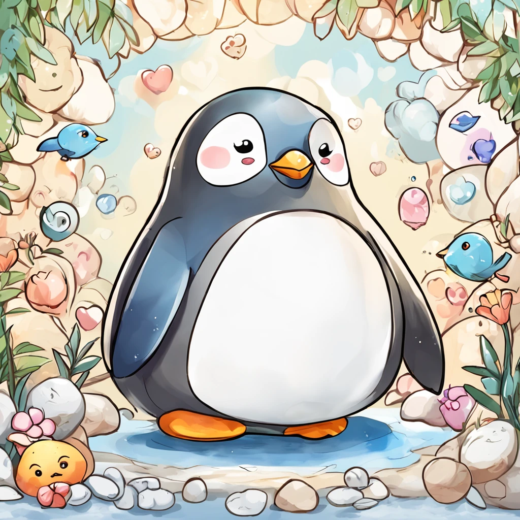 "Generate cute penguin images in super high quality anime style。Subject to the following conditions:、Can you please create an anime-style image of a beautiful penguin? Make sure that only one cute cartoon-style penguin appears in each image。Do not contain other penguins or animals。Make sure there is only one anime-style cute penguin in the scene。 Don't let penguins have more limbs than they need、Please draw with a natural posture while incorporating anime-style features。While maintaining cuteness、Avoid excessive display of limbs。 Be careful to draw a natural anime-style environment in the background.。Imagine a scene with a cute anime-style penguin with a happy expression.。 Draw carefully so that the tail does not come out on the penguin's ass。Adjust it to keep a natural look。 So that the penguin's neck is of the right length,、Please adjust the balance while maintaining the characteristics of anime。 Draw a penguin body shape in an anime style chubby。Cute rounded body and、Beautifully reproduce the fluffy feeling of obesity。 Make sure the cheeks are not emphasized.、Draw a cute penguin in anime style with a neat impression。 Please try to make sure that the anime-style image that is generated is a beautiful one with only one penguin.。Unpleasant facial expressions and situations、Elements of violence and anxiety、Discriminatory or insulting elements、Please do not include any sensitive topics or prejudices.。 Comply with these instructions、Maximize the charm of cute anime-style penguins、We are waiting for you wonderful images with a neat impression。"