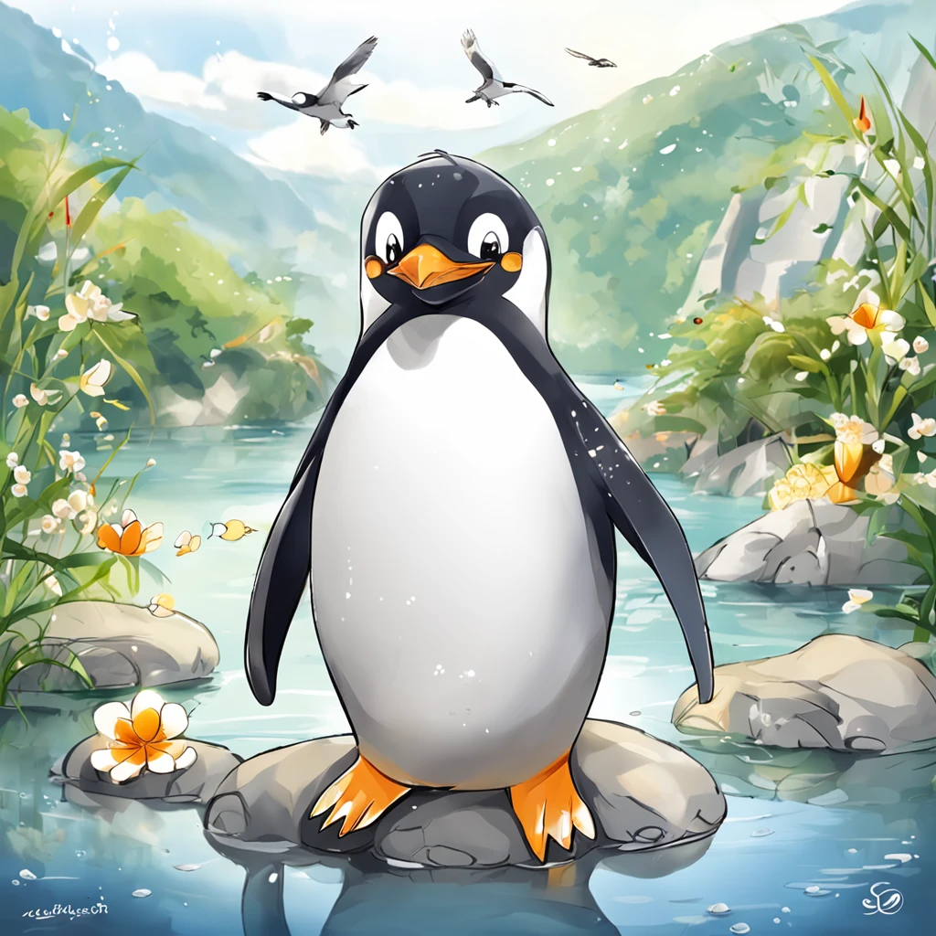 "Generate cute penguin images in super high quality anime style。Subject to the following conditions:、Can you please create an anime-style image of a beautiful penguin? Make sure that only one cute cartoon-style penguin appears in each image。Do not contain other penguins or animals。Make sure there is only one anime-style cute penguin in the scene。 Don't let penguins have more limbs than they need、Please draw with a natural posture while incorporating anime-style features。While maintaining cuteness、Avoid excessive display of limbs。 Be careful to draw a natural anime-style environment in the background.。Imagine a scene with a cute anime-style penguin with a happy expression.。 Draw carefully so that the tail does not come out on the penguin's ass。Adjust it to keep a natural look。 So that the penguin's neck is of the right length,、Please adjust the balance while maintaining the characteristics of anime。 Draw a penguin body shape in an anime style chubby。Cute rounded body and、Beautifully reproduce the fluffy feeling of obesity。 Make sure the cheeks are not emphasized.、Draw a cute penguin in anime style with a neat impression。 Please try to make sure that the anime-style image that is generated is a beautiful one with only one penguin.。Unpleasant facial expressions and situations、Elements of violence and anxiety、Discriminatory or insulting elements、Please do not include any sensitive topics or prejudices.。 Comply with these instructions、Maximize the charm of cute anime-style penguins、We are waiting for you wonderful images with a neat impression。"