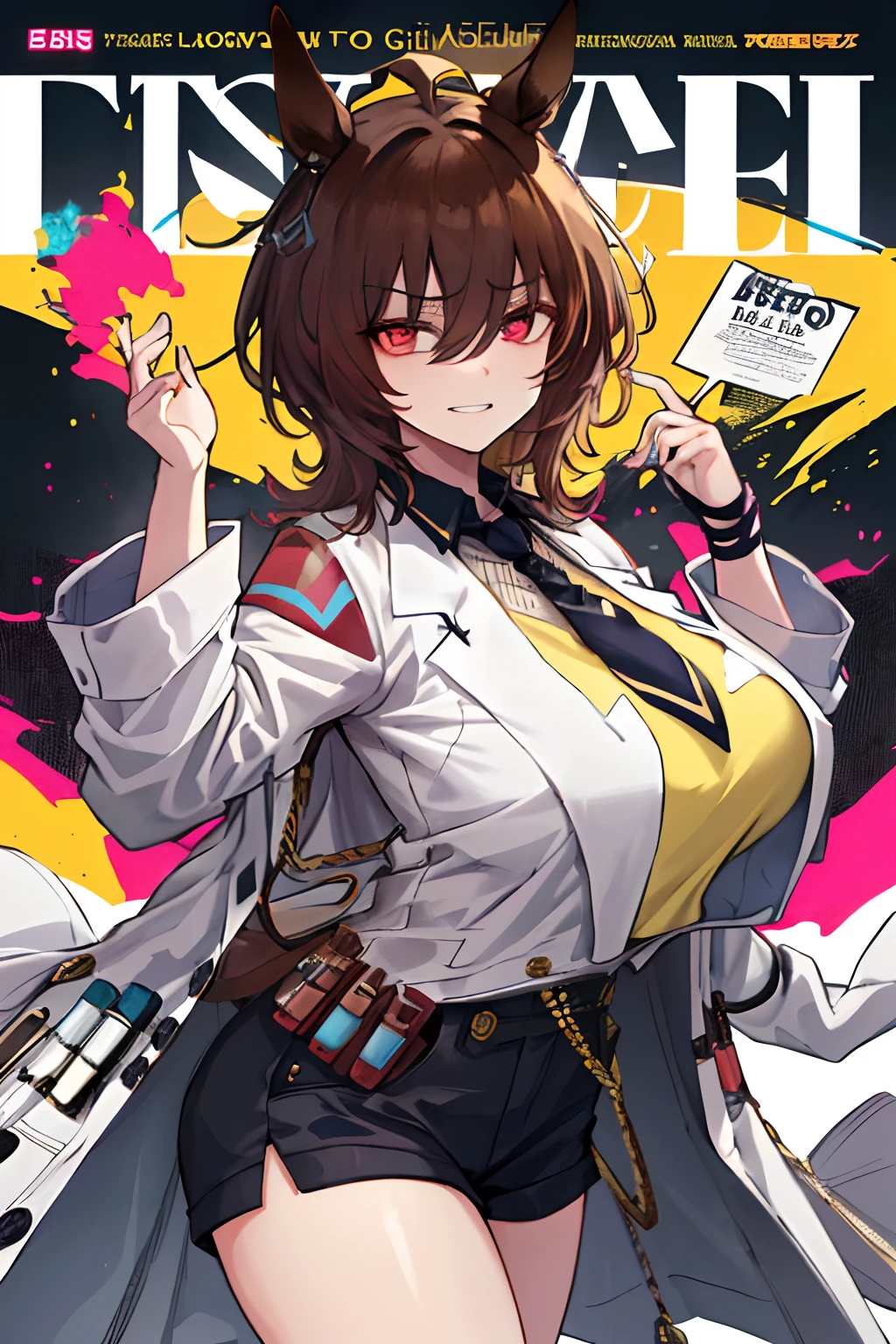 ((((dramatic))), (((gritty))), (((intense))) film poster featuring a young woman as the central character. She stands confidently in the center of the poster, wearing a stylish and edgy outfit, with a determined expression on her face. Agnes-Tachyon, umamusume, Labcoat and sweater, insane smile, Crimson eyes, tie, (very huge breasts:1.4), The background is dark and gritty, with a sense of danger and intensity. The text is bold and attention-grabbing, with a catchy tagline that adds to the overall feeling of drama and excitement. The color palette is mainly dark with splashes of vibrant colors, giving the poster a dynamic and visually striking appearance,tachi-e (magazine:1.3), (cover-style:1.3), fashionable, woman, vibrant, outfit, posing, front, colorful, dynamic, background, elements, confident, expression, holding, statement, accessory, majestic, coiled, around, touch, scene, text, cover, bold, attention-grabbing, title, stylish, font, catchy, headline, larger, striking, modern, trendy, focus, fashion,