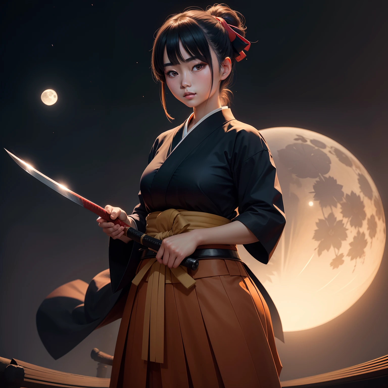 A beautiful young Japanese woman in a kendo uniform and hakama poses with a Japanese sword under the light of the full moon.