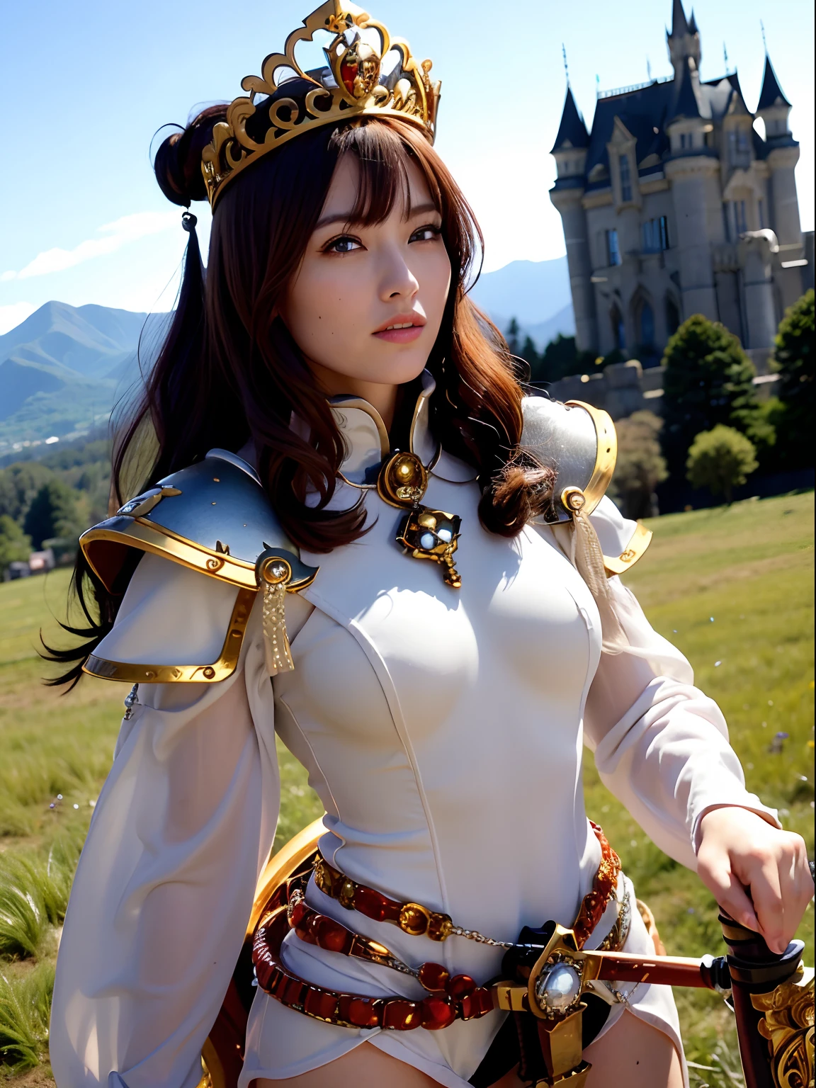 ((alone),masterpiece,highest quality,High resolution,realistic, photo realistic,Konosuba Dakuness), KonoSuba,cosplay,cleavage, knight,Japanese,Beautiful woman,24-years-old,big eyes,light blue eyes,looking at the camera,blonde,ponytail hair,red hair pin,red neck ribbon,medieval armor,White armor with orange decoration,Black undershirt,White feather on right shoulder,dynamic pose,blue sky,european castle