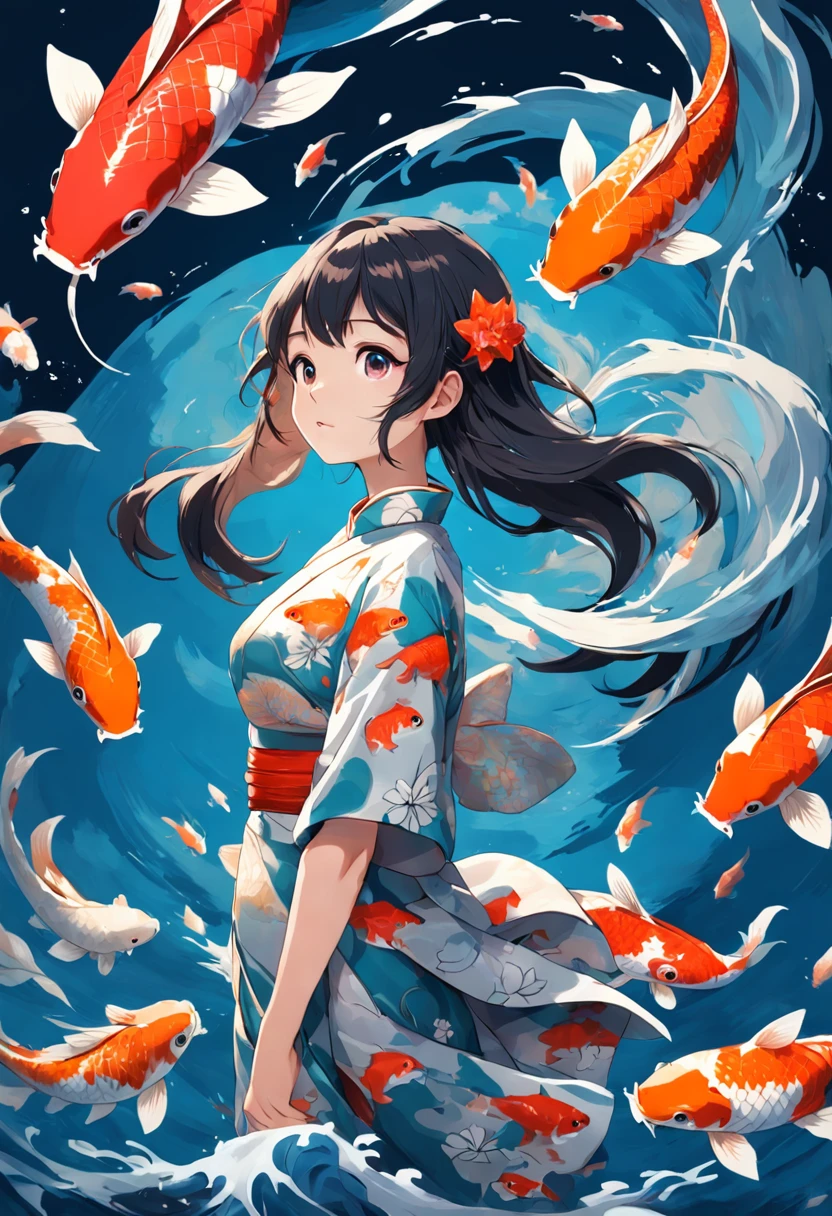 Girl,the sky full of koi,girl wearing a koi cheongsam,Cubism,Surrealism,(abstracted:1.2)(girl) made up of (koi:1.2), air water,