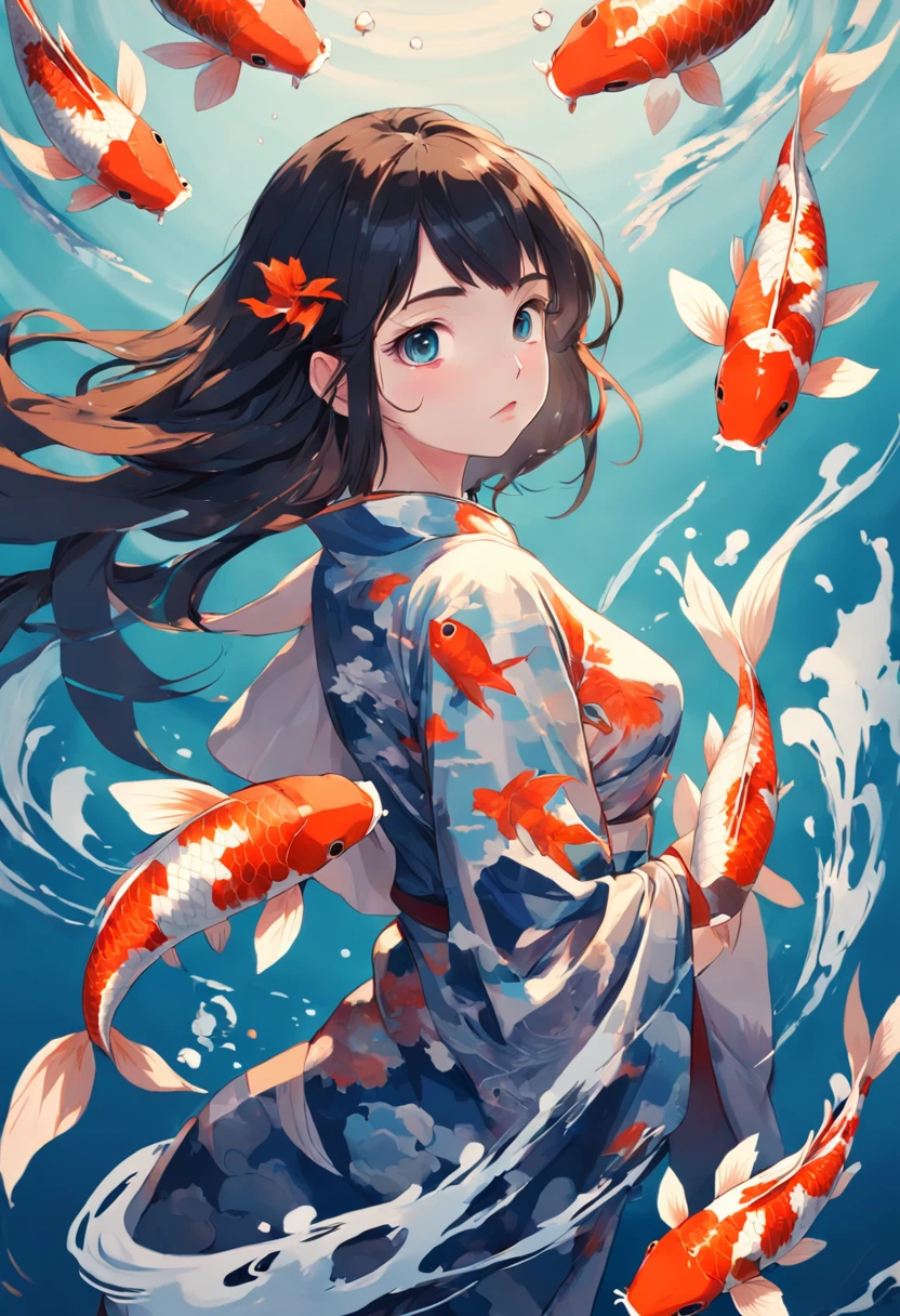 Girl,the sky full of koi,girl wearing a koi cheongsam,Cubism,Surrealism,(abstracted:1.2)(girl) made up of (koi:1.2), air water,