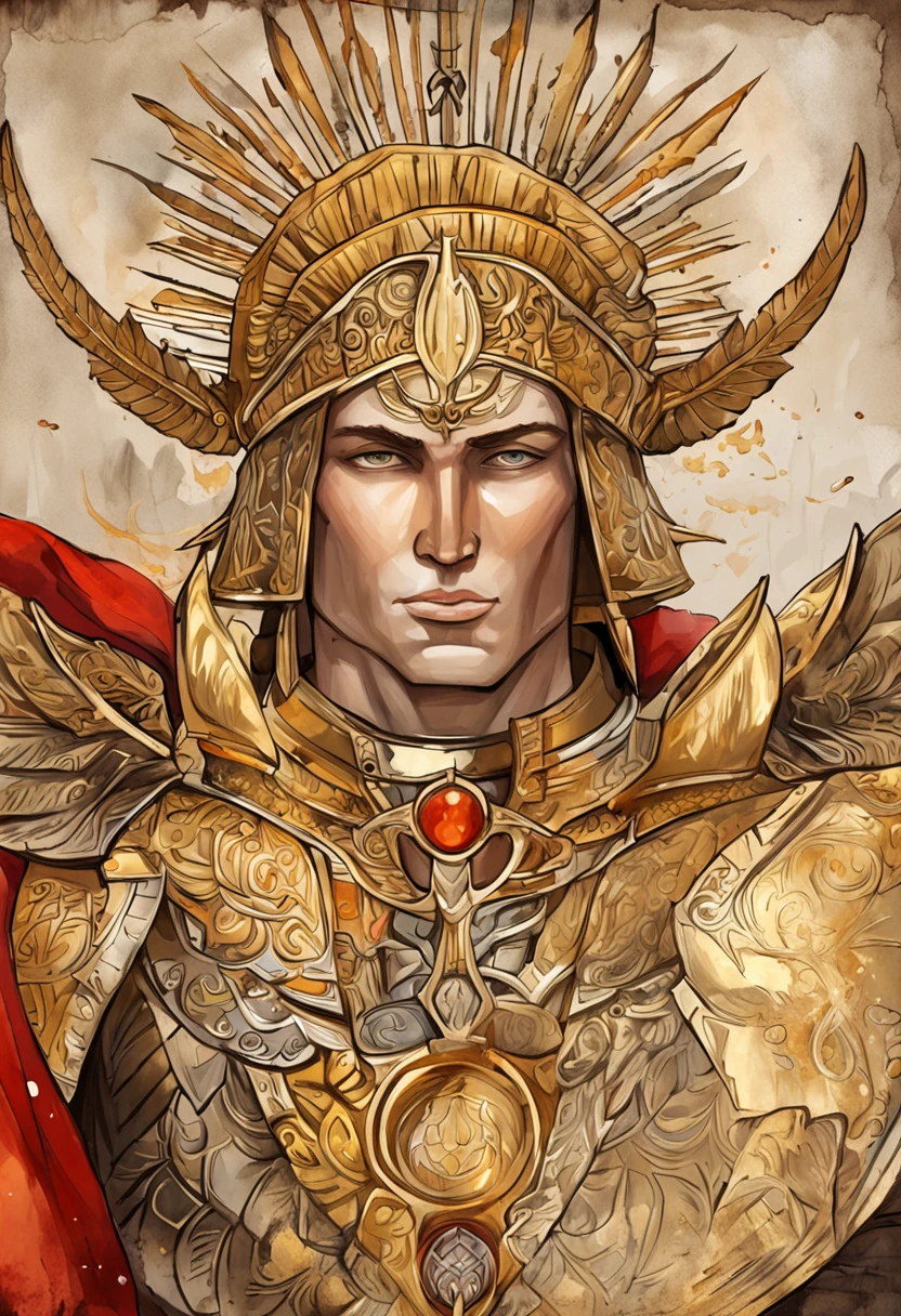 St. Giles,The ninth heir of the emperor,Wear gold power armor,Behind the back of the day, let the wings spread,Set with 3 blood-red gemstones on the chest,Holding the Sword of Truth in his hand, a raging fire burned,Sun pattern on the back,He is the sun god Apollo,Ares, the god of war