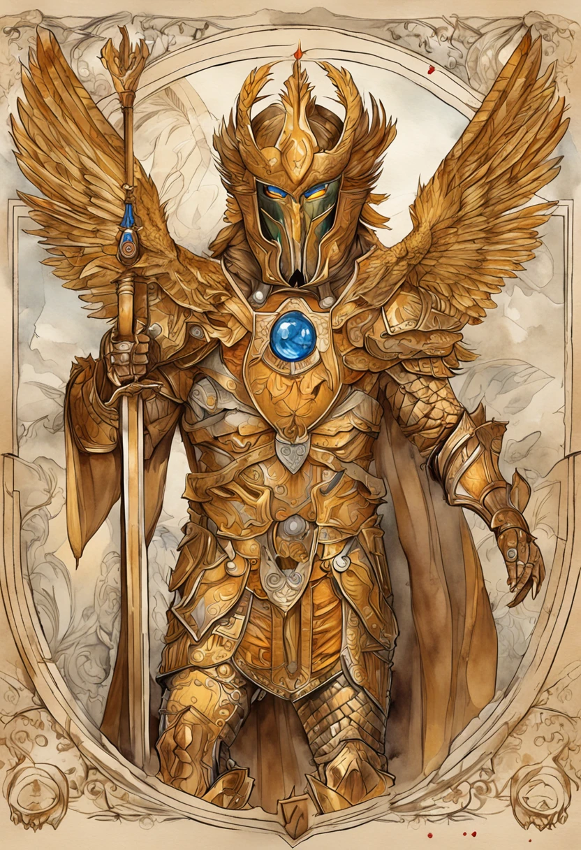 St. Giles,The ninth heir of the emperor,Wear gold power armor,Behind the back of the day, let the wings spread,Set with 3 blood-red gemstones on the chest,Holding the Sword of Truth in his hand, a raging fire burned,Sun pattern on the back,He is the sun god Apollo,Ares, the god of war
