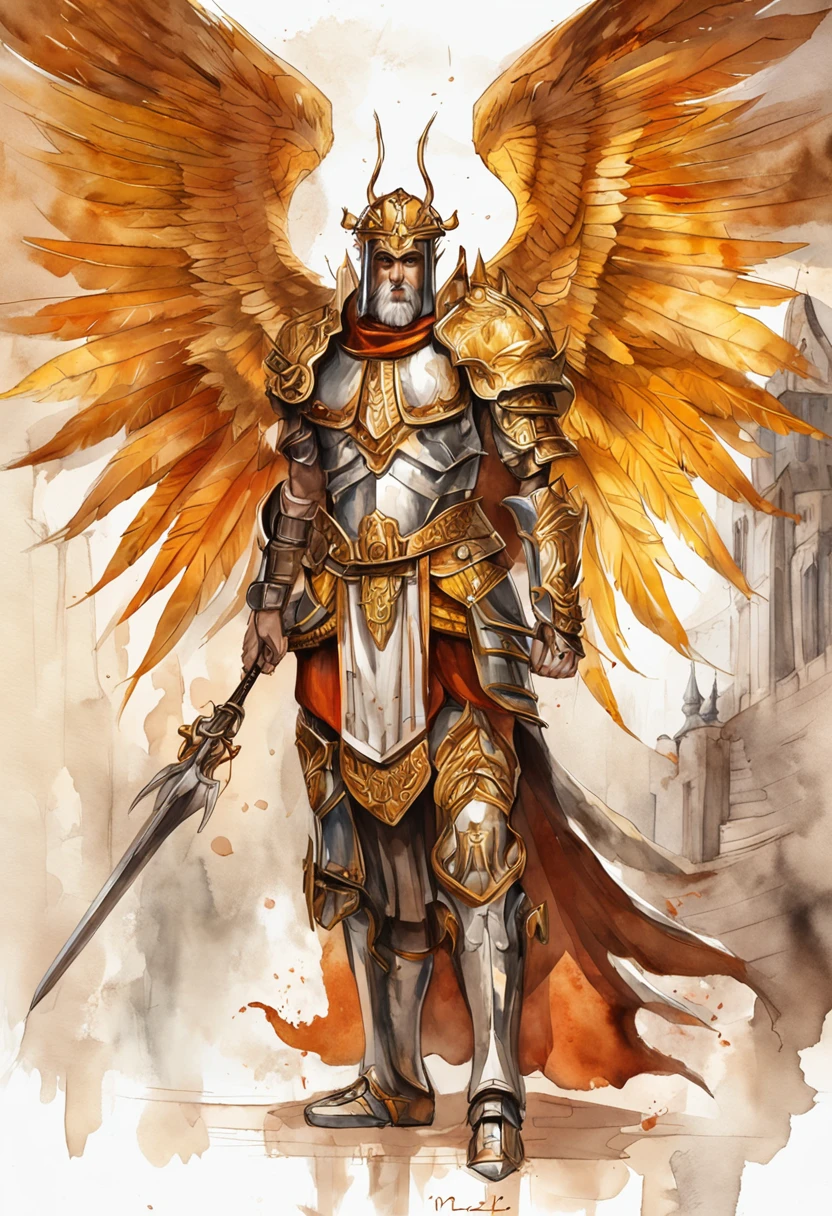 St. Giles，The ninth heir of the emperor，Wear gold power armor，Behind the back of the day, let the wings spread，Set with 3 blood-red gemstones on the chest，Holding the Sword of Truth in his hand, a raging fire burned，Sun pattern on the back，He is the sun god Apollo，Ares, the god of war