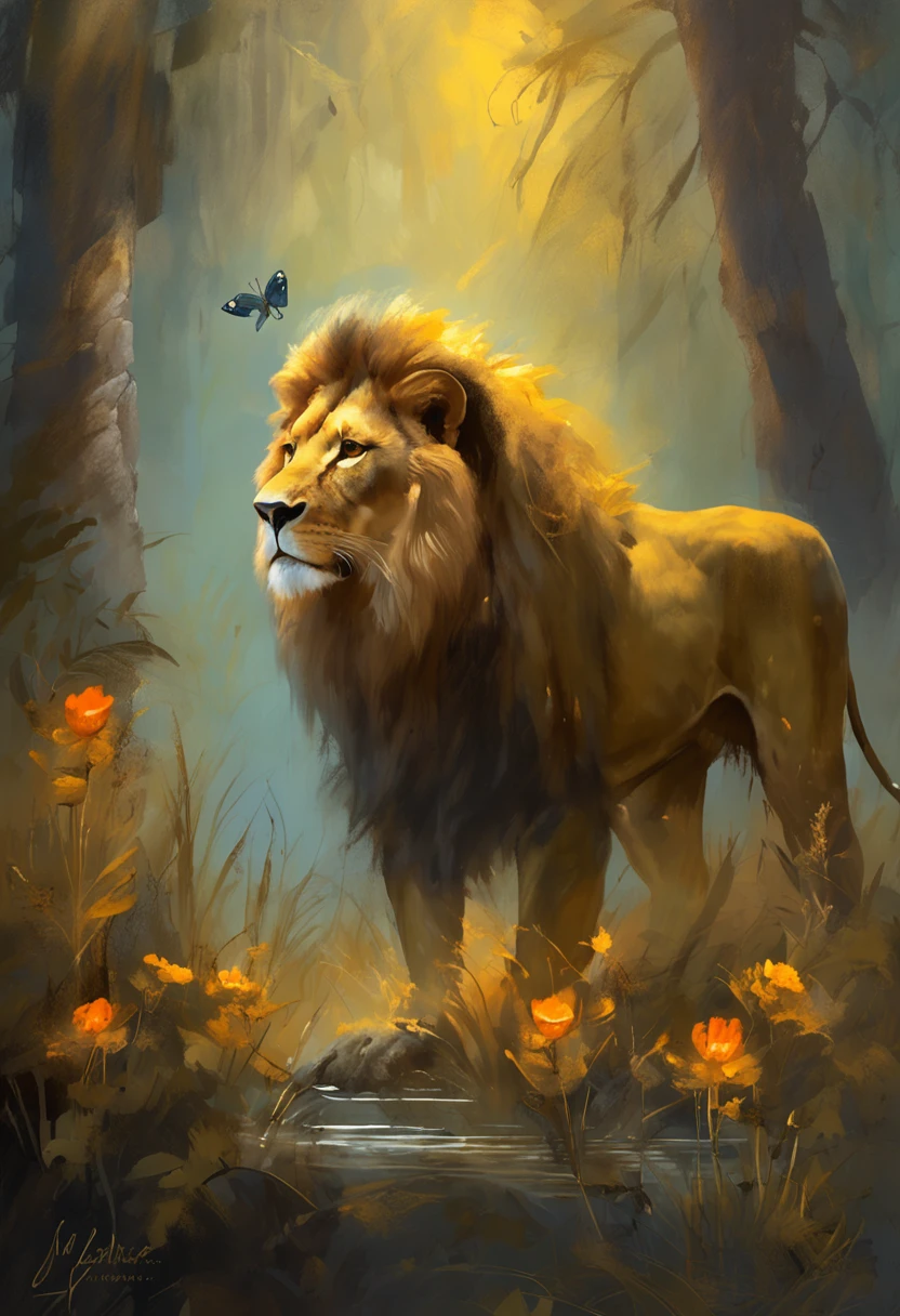 "((Masterpiece)) Leo in ((Foggy)) ,((Magical Dark Forest :1.2))in the late twilight, with ((Strong dark shadows, Recommended for the scene:1.2)), Glowing Magic Lion,golden glowing flowers ,((Glowing butterfly )), Beautiful magical style, Golden reflection of water,fierce, Concept art, Digital Painting."