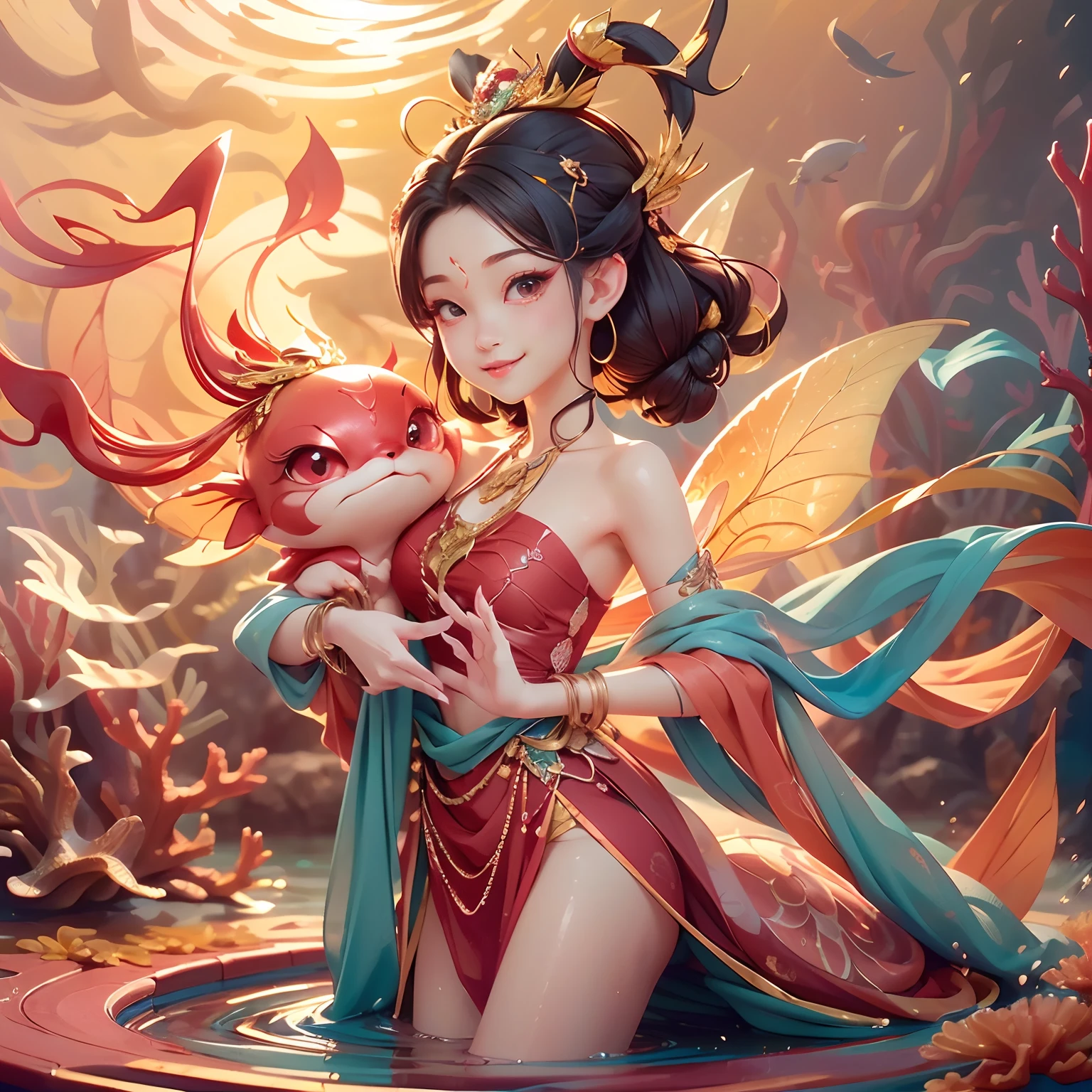 Haenyeo holding a large red fish,Riding a large red and gold fish、absurderes, A high resolution, (Anime style:1.1),((masutepiece)), ((Best quality)), (Ultra-detailed), (Beautiful),((Smiling kawaii girl)、Top image quality、tmasterpiece、((ocean floor、Marine life、Beautiful coral reef、Wordless maroon coral reef,A large fish with red gold in its arms)),Messy painting style,Hair flows in water、full bodyesbian、1 rapariga、独奏、Cute Turtle、50mm portrait、Delicate facial features、Half realistic、foco nítido、Crystal clear white skin、are flying、(A small fairy with a total length of about 10 cm:1.2)、(gently smiling)、Pink delicate eyes、(Bare legged)